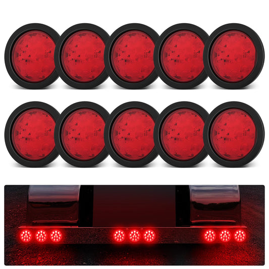 10PCS 4 Inch Round LED Trailer Tail Lights, 4" Red 12 LED IP67 Waterproof Led Stop Turn Brake Tail Lights, Sealed Rubber Grommet Flush Mount with 3 Prong Wire Pigtails for 12V Trucks Trailers RV Boats