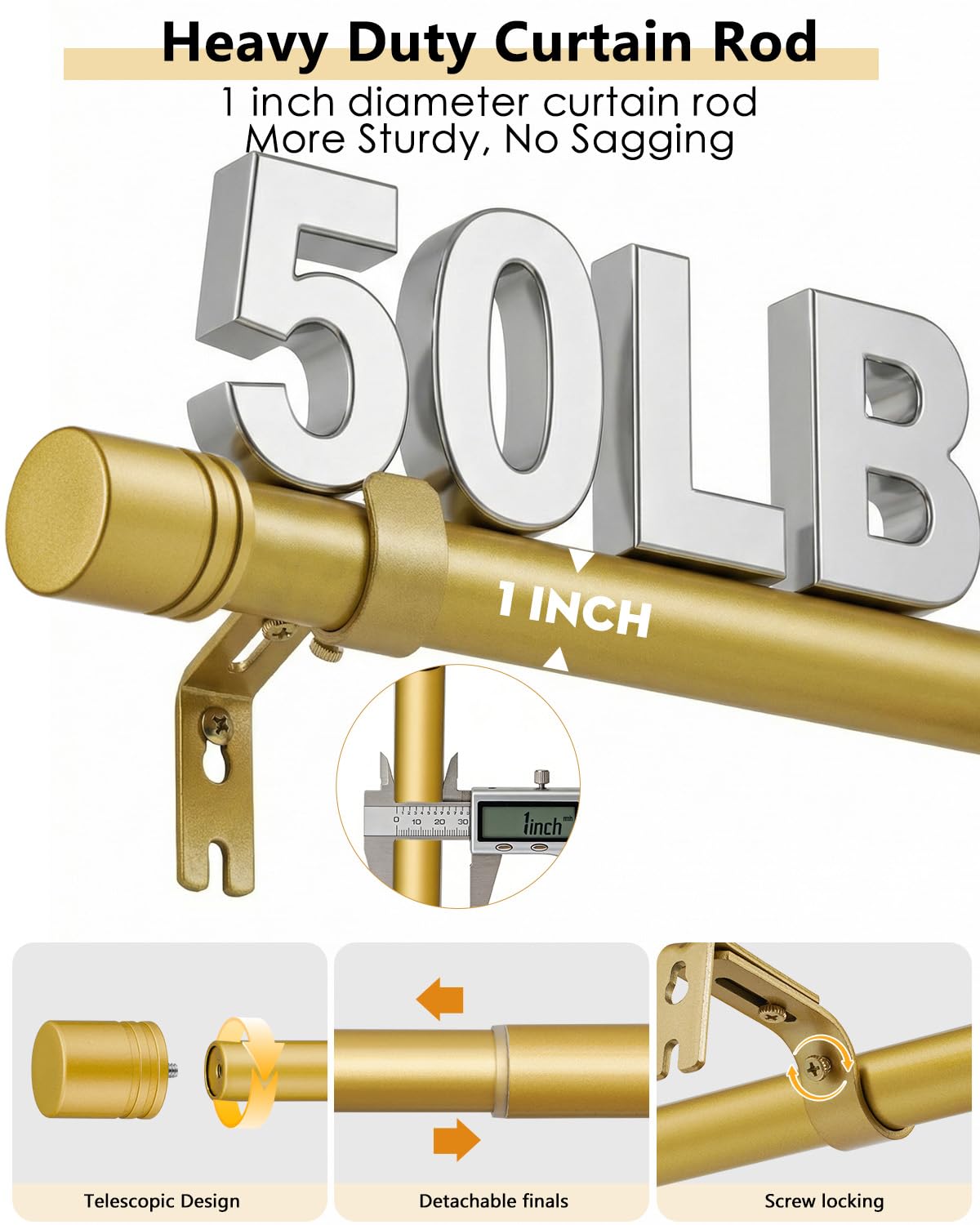 ASULUPHY Gold Curtain Rod, 1 Inch Diameter Heavy Duty Curtain Rods for Window 32-116 in, Extra Long Curtain pole with Thicker Brackets, Curtain Rod for Sliding Doors, Living Room, Bedroom, Patio