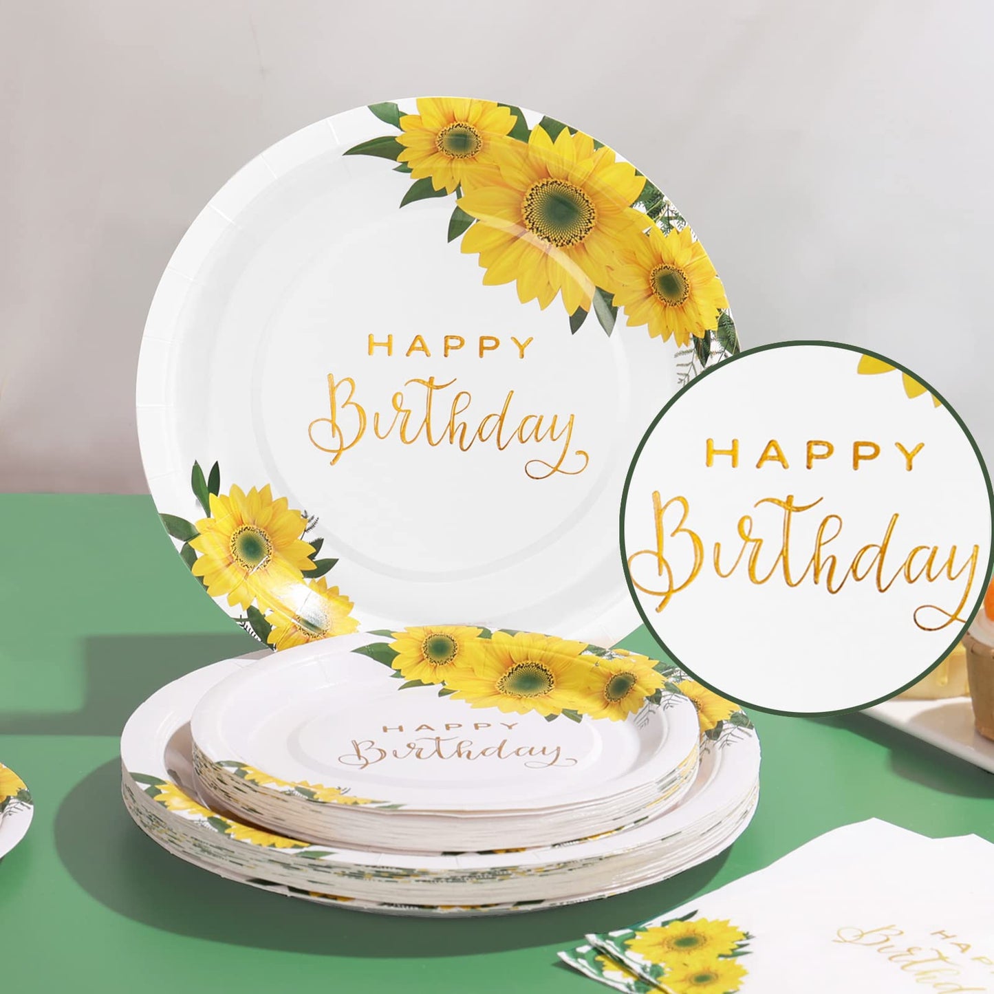 Gudvilla Sunflower Birthday Decorations for Women, Happy Birthday Plates and Napkins for Women Girl, Sunflower Party Decorations Serves 25, Thanksgiving Fall Party Decorations