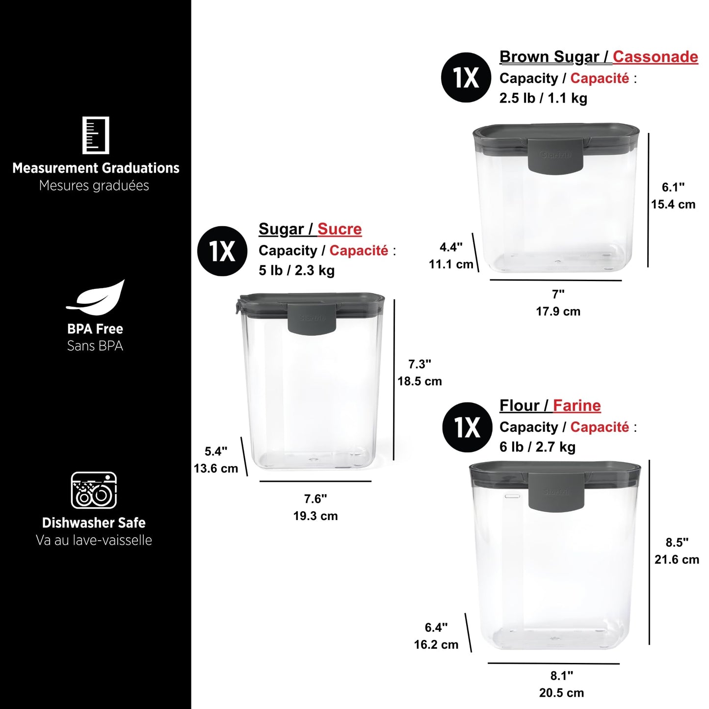 Starfrit PROKEEPER Dry Food Storage Container Set, 3 Airtight Containers for Flour, Sugar, Brown Sugar with Measurement Graduations, Airtight Silicone Seal, with Accessories