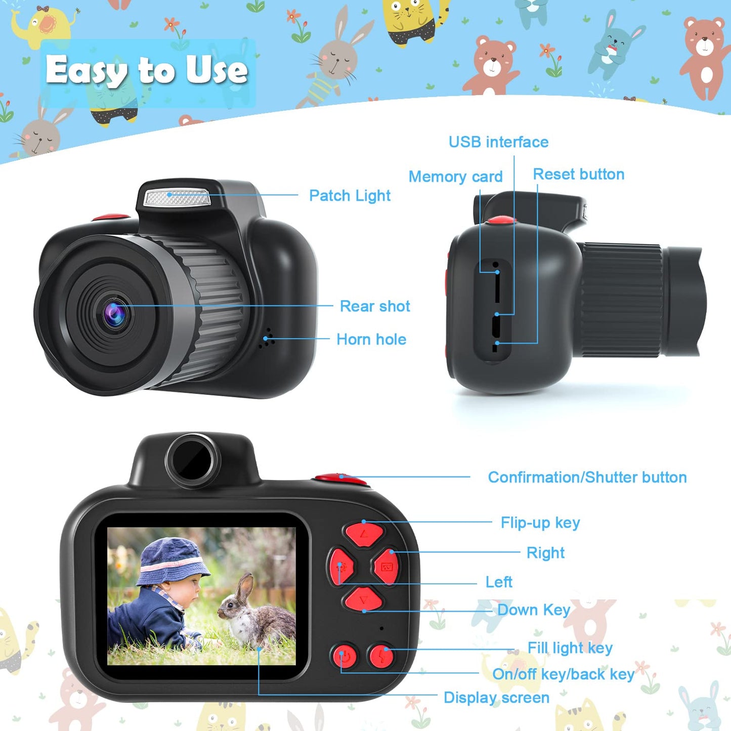 CIMELR Kids Camera, Digital Camera for Kids 4-12 Year Old Boys/Girls, 2.4 inch IPS Screen Toddler Camera, Christmas Birthday Gifts, Video Camcorder with Fill Light, 32GB TF Card (Black)