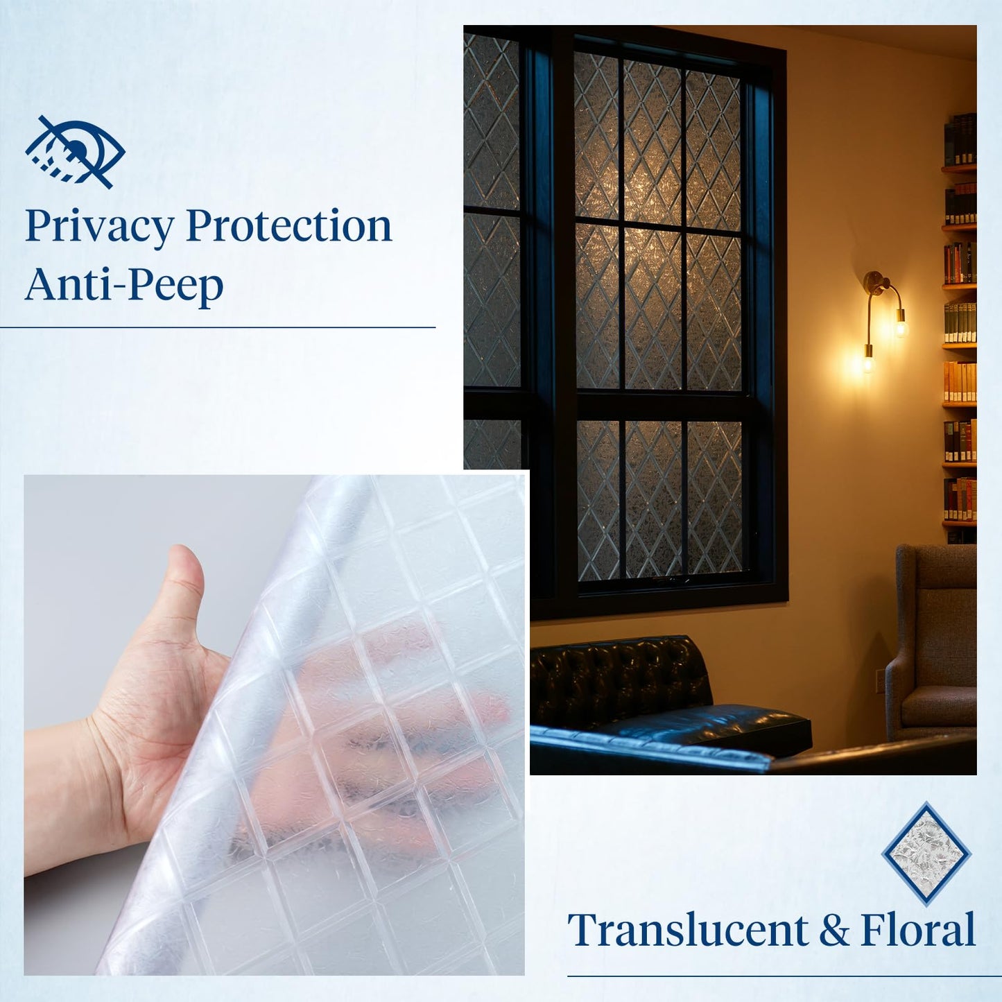 Haton Window Films for Privacy, 3D Frosted Glass Film, Sun UV Blocking Static Cling Reusable Non-Adhesive Decorative Window Privacy Covering fits Bathroom & Home Office, Lattice Pattern,60x200cm