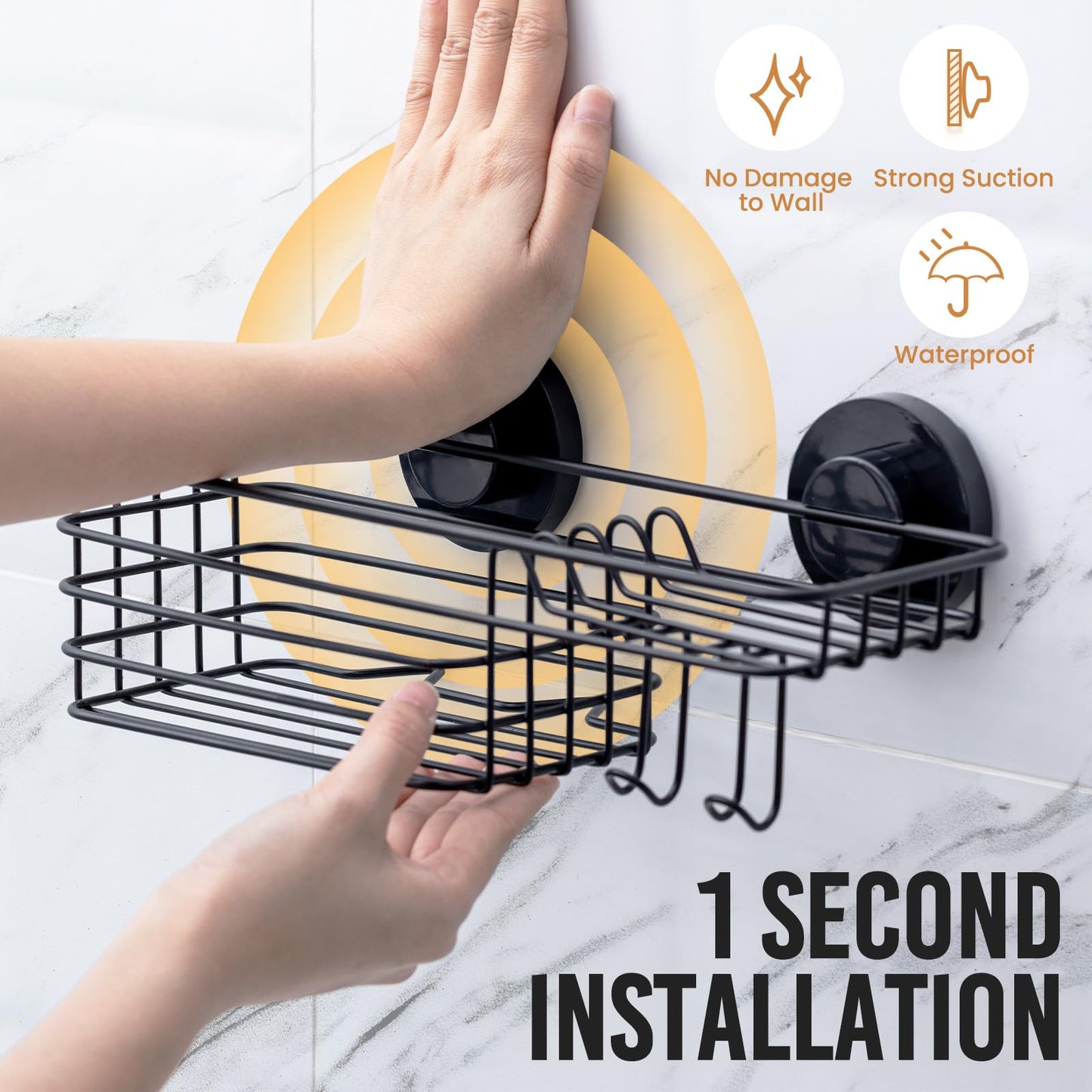 LEVERLOC Shower Caddy Suction Cup, Shower Shelf with Hooks and Soap Holder, NO-Drilling Bathroom Organizer, Rustproof Metal Bathroom Storage and Organization - Black