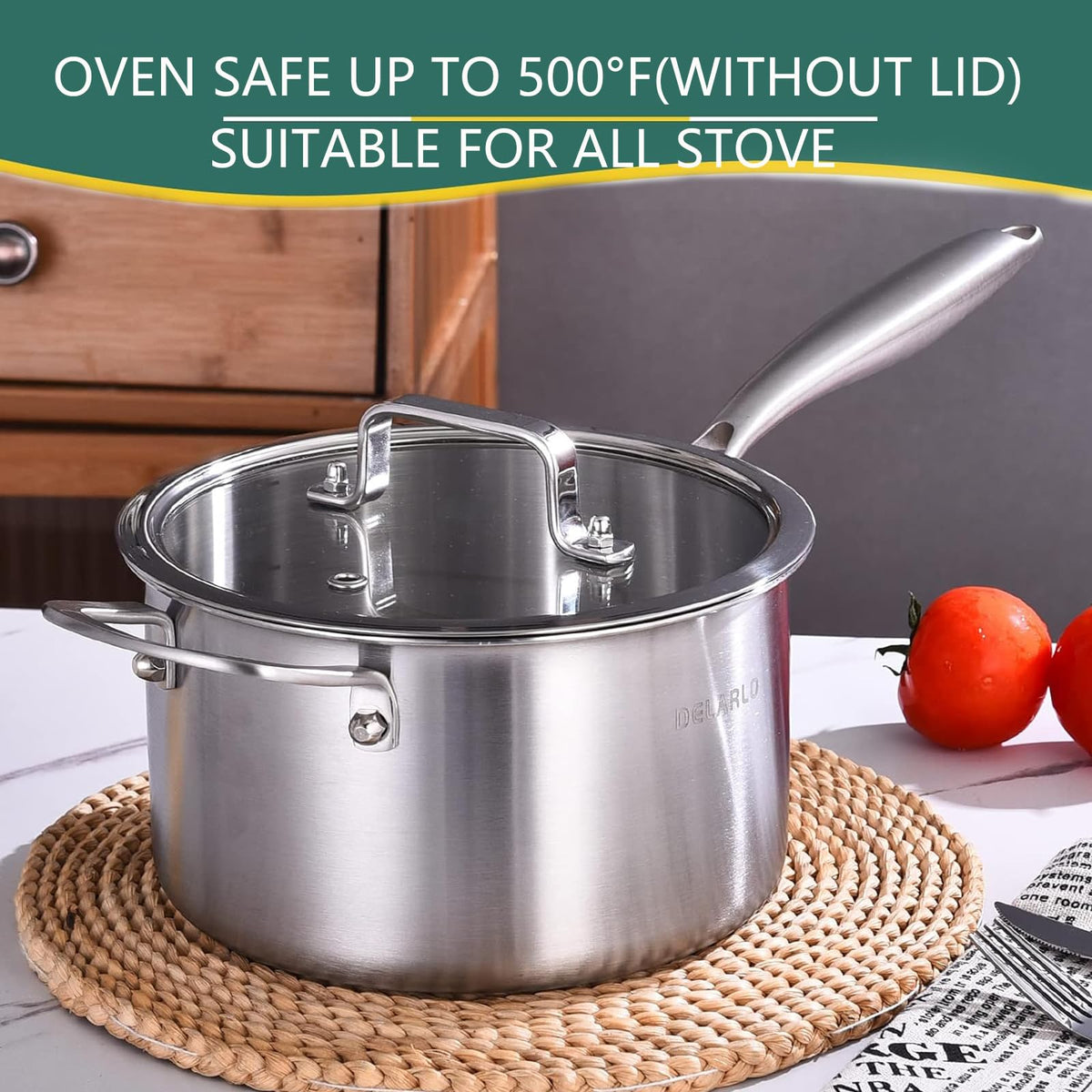 DELARLO Tri-Ply Stainless Steel Saucepan, 3.5 QT Saucepan with Lid, All Stove Compatible 500℉, Induction Sauce Pot, Heavy Duty Saucier Pot, Dishwasher Safe Saucepan, Induction Pot 3.5 Quart, Even Heat