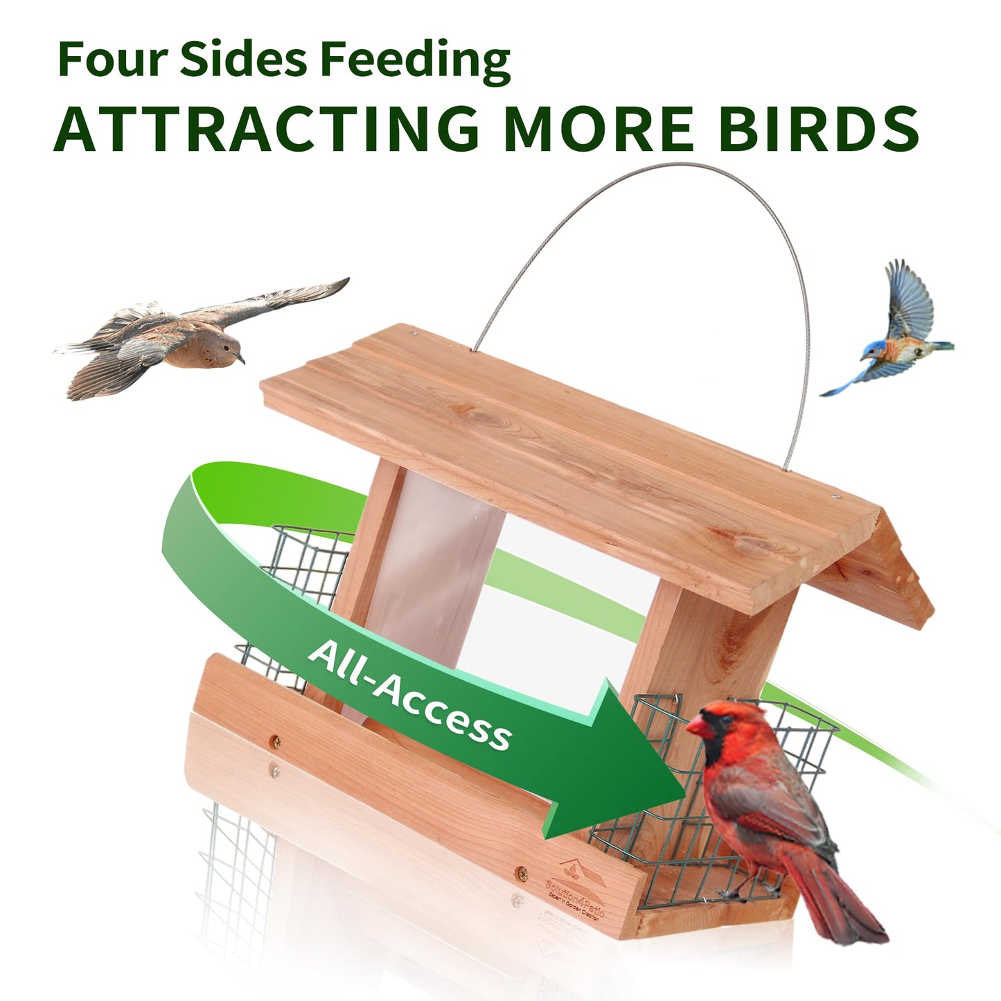 Solution4Patio USA Cedar Bird Feeder, Mangeur d'oiseaux extérieur, Wildbird Essentials Handmade Wooden Outdoor Patio Garden Yard Coop Tree Hanging with Double Plastic Window and Double Suet Holder