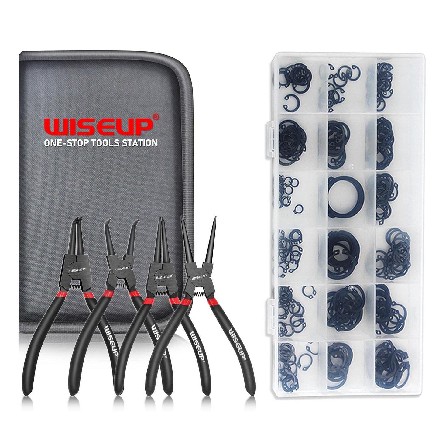 WISEUP Snap Ring Pliers Set With 225pcs Retaining Ring Set, 4PCS-7 inch (Tip Diameter 1/20") Circlip Pliers Kit,Straight/Bent Jaw Pliers Tips C-Clip Pliers for Ring Remover with Storage Pouch