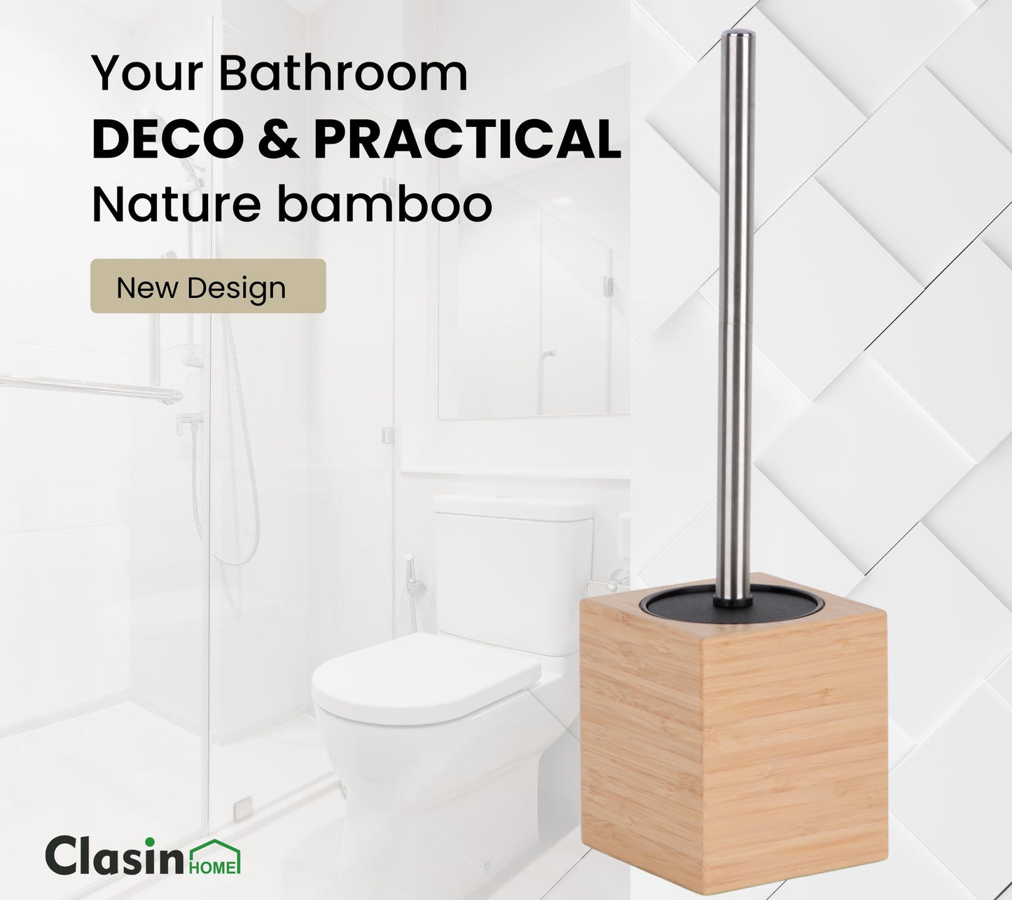 Clasin Home Toilet Bowl Brush Holder with Bamboo and Stainless Steel for Durable Use, Toilet Scrubber Brush with Long Handle for Easy Deep Cleaning, Compact Hidden Bathroom Toilet Cleaner Brush Set