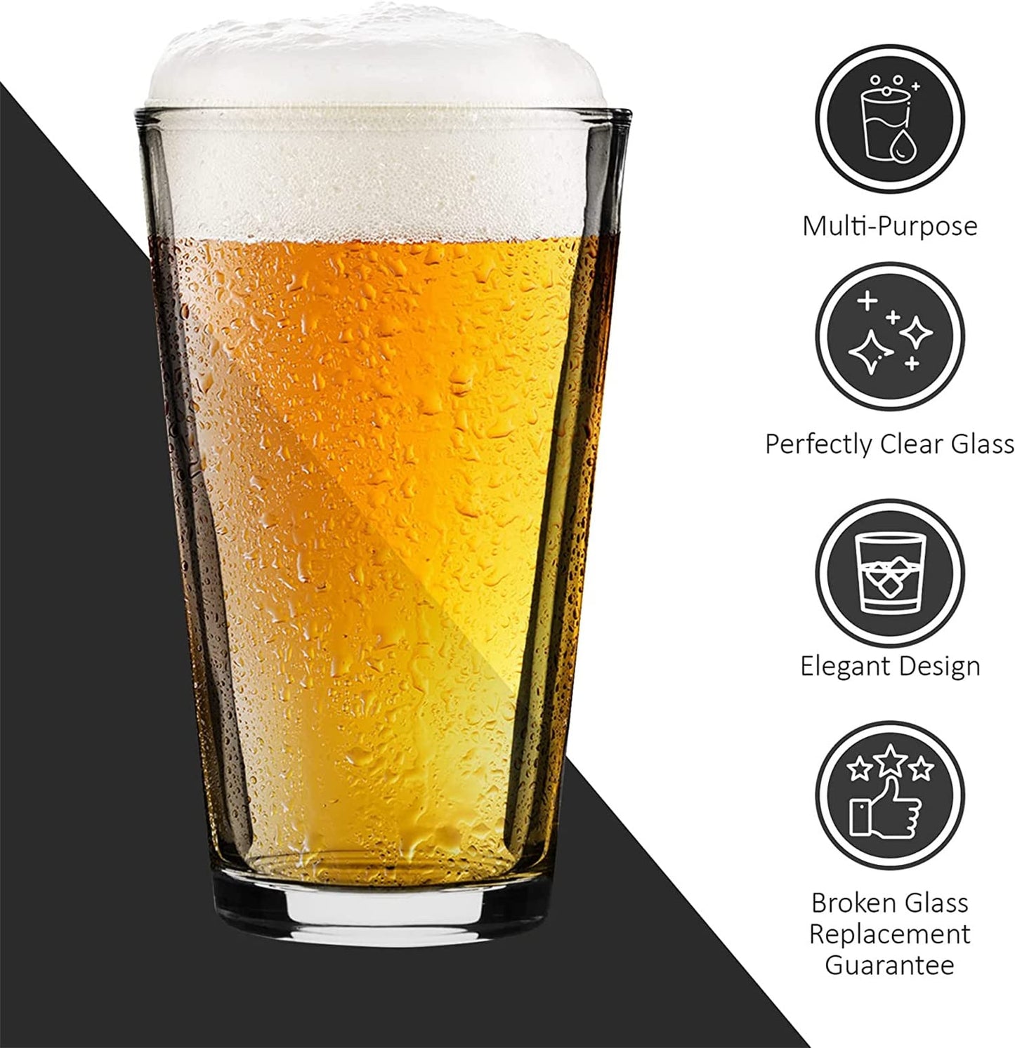 HUIRUMM Drinking Glasses 22 oz, Beer Pint Glasses Set of 6. Large Beer Pint Glass Capacity, Highball Glasses Water Glasses Glass Cups Cup Sets,Perfect for Cold Beverages, Soda, Water - Used in Bar