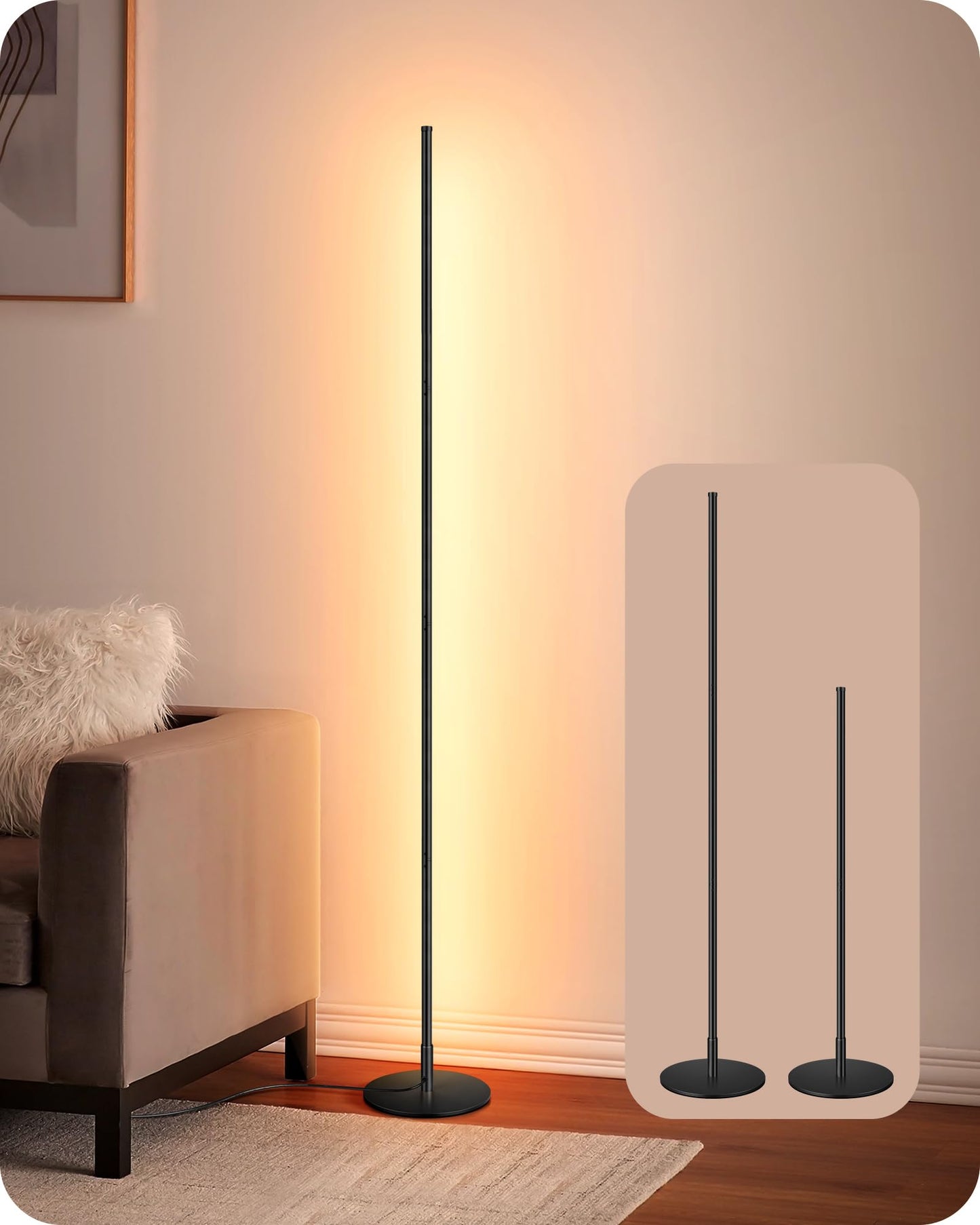 EDISHINE LED Corner Floor Lamp, 57.5" Minimalist Dimmable Sleek Light, Adjustable Height, Standing Tall Lamp for Living Room, Bedroom, Office, 3000K Warm White Light (Black)