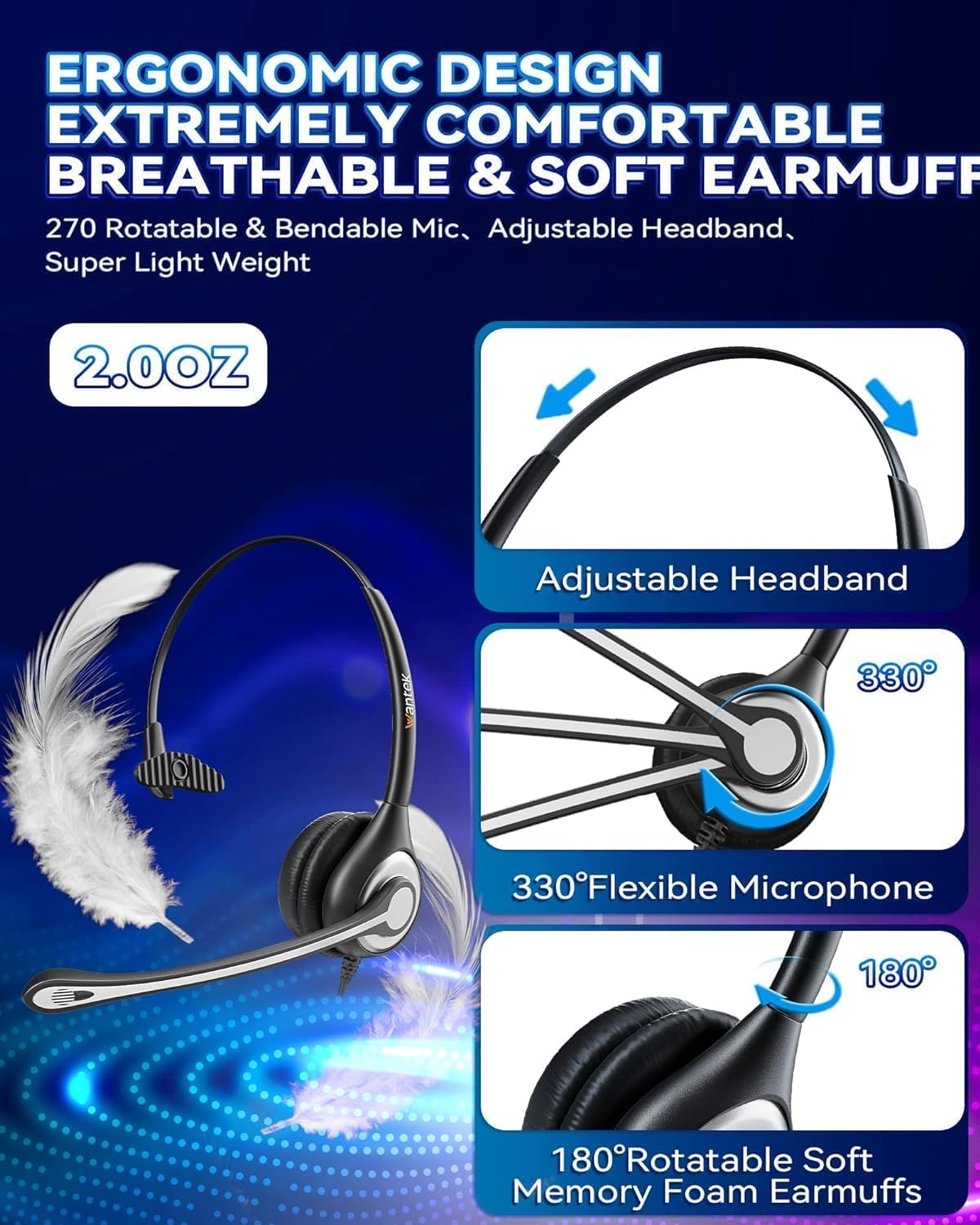 Phone Headset with Microphone, Wantek Corded Telephone Headset Mono w/Noise Canceling Mic for Office Phone & Call Center, Compatible with Plantronics Polycom Toshiba NEC Dterm Nortel Deskphones