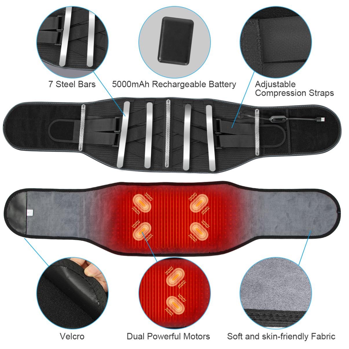 6xigouma Heating Pad Back Massager Brace for Lower Back Pain Relief, Cordless Heated Back Brace Vibration Wrap with Rechargeable Battery, Warmer Lumbar Support Belt with Massage for Cramps, XL