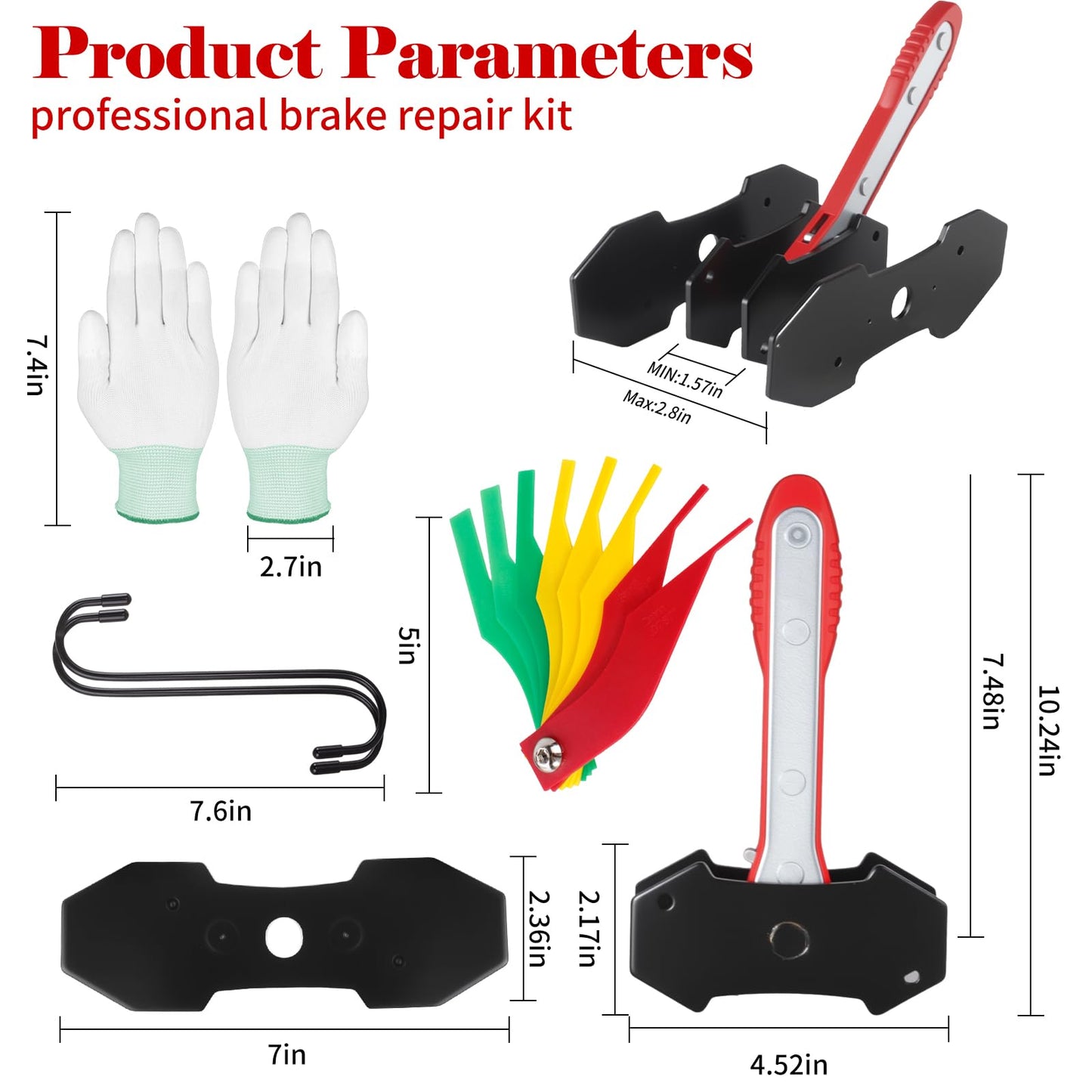 Brake Caliper Press Tool Kit, Ratcheting Piston Spreader with 2 Steel Plates, Practical Caliper Piston Compressor Tool for Repairing Disc Brakes Includes Hangers/Measuring Tools