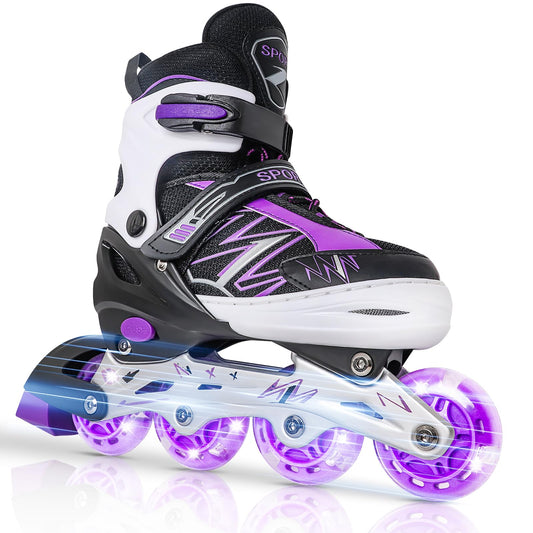 Adjustable Kids Inline Skates for Girls Boys Children Beginners, Black & Purple Inline Skates with Light Up Wheels for Kids and Youth for Sports (Medium)