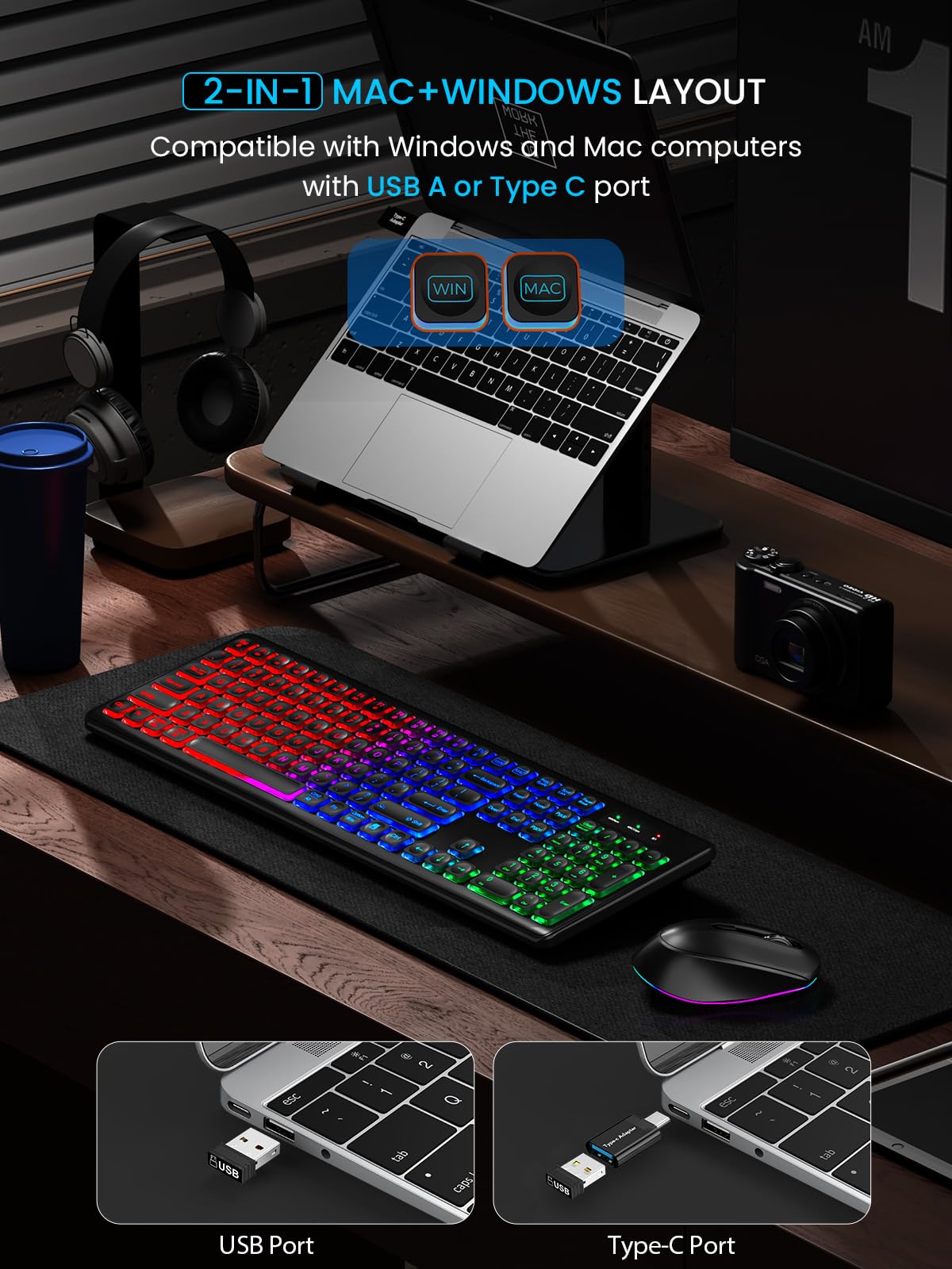 Wireless Keyboard and Mouse Combo - RGB Backlit, Rechargeable, Quiet Typing, Light-Up Keys, Full Size, Ergonomic Tilt, 2.4GHz USB Receiver for Windows, Mac, Laptop, PC, Trueque (Black)