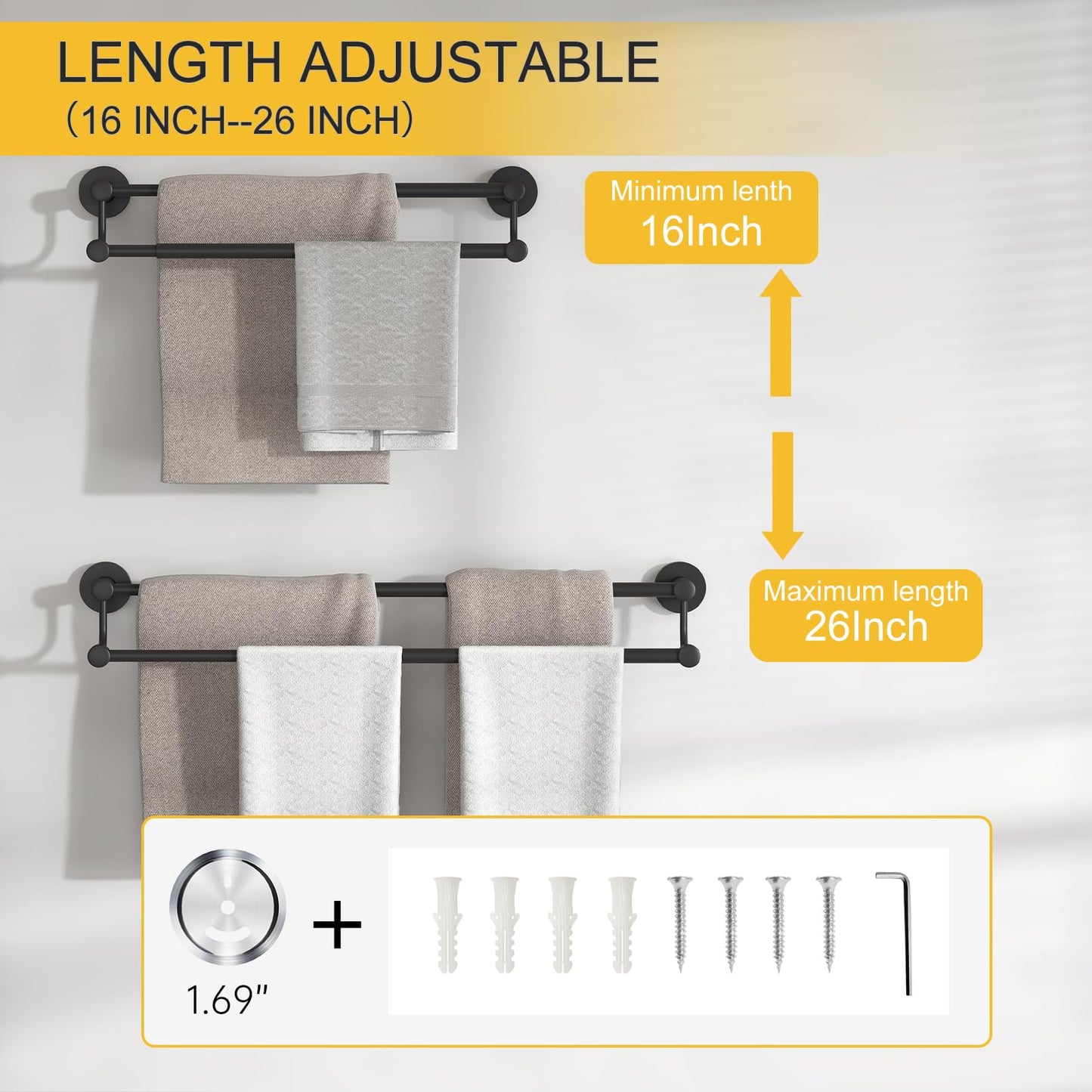 BESy Adjustable 16-26 Inches Double Towel Bar for Bathroom SUS304 Stainless Steel Towel Holder, Hotel Style Wall Mount with Screws Hand Towel Bar Towel Rack Rod Hanger, Matte Black Finish