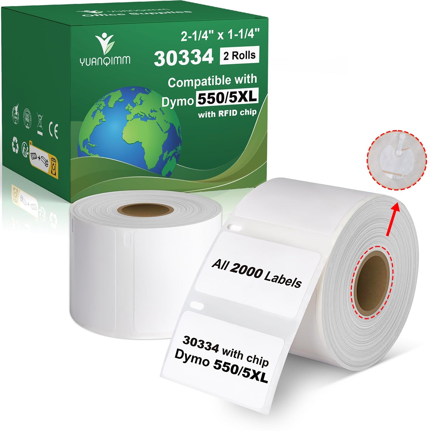 Yuanqimm 30334 Multi-Purpose Labels with RFID Chip Compatible with DYMO Labelwriter Printers 5XL, 550, 550 Turbo, 450 Twin Turbo, 4XL, 450, Wireless, 2-1/4" x 1-1/4", 2 Rolls, Total 2000 Labels