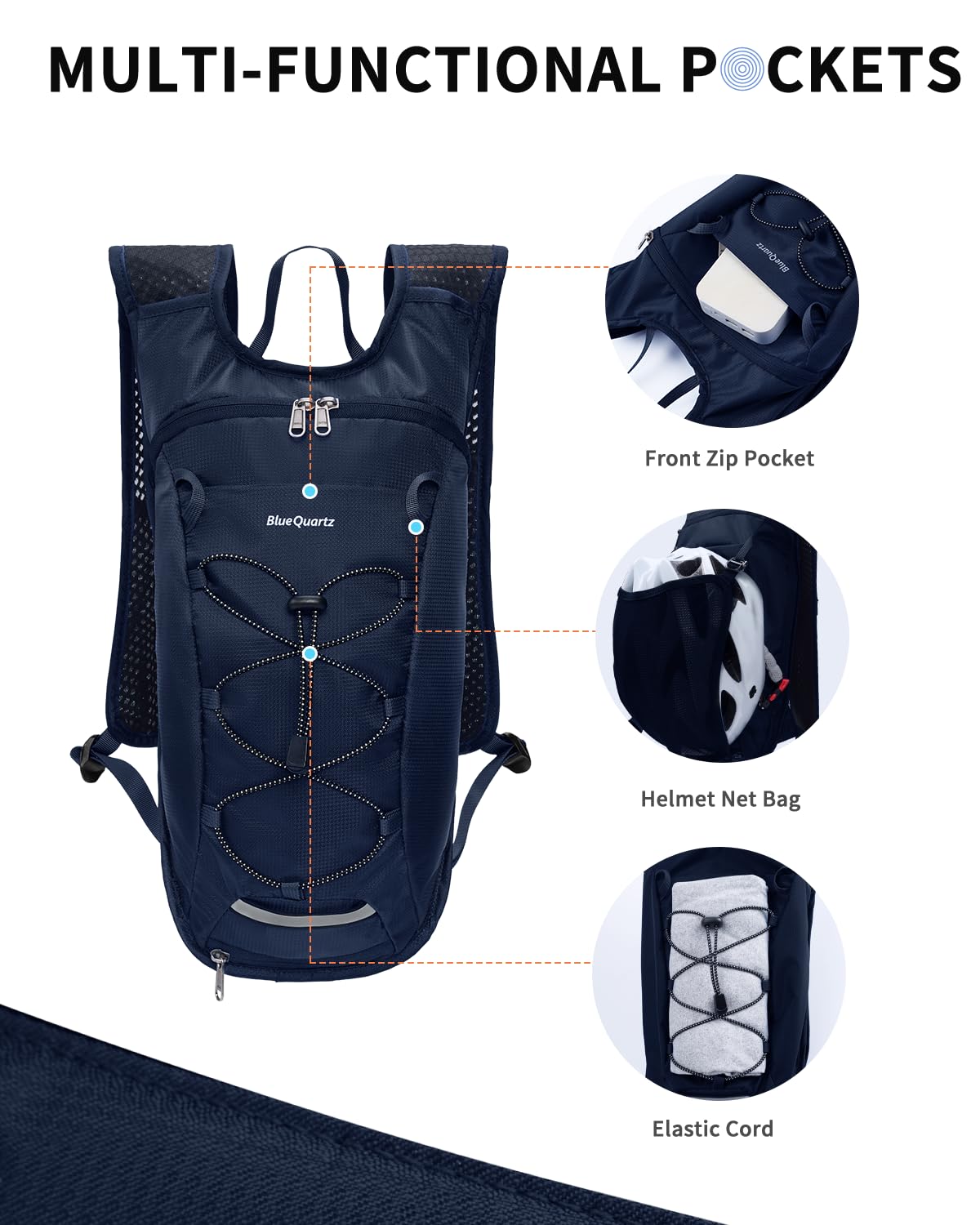 Blue Quartz Hydration Backpack with 2L Water Bladder, Hiking Water Backpack for Women Men, Lightweight Cycling Daypack with Phone Pocket & Helmet Net Bag, Hydration Pack for Biking, Running, Skiing