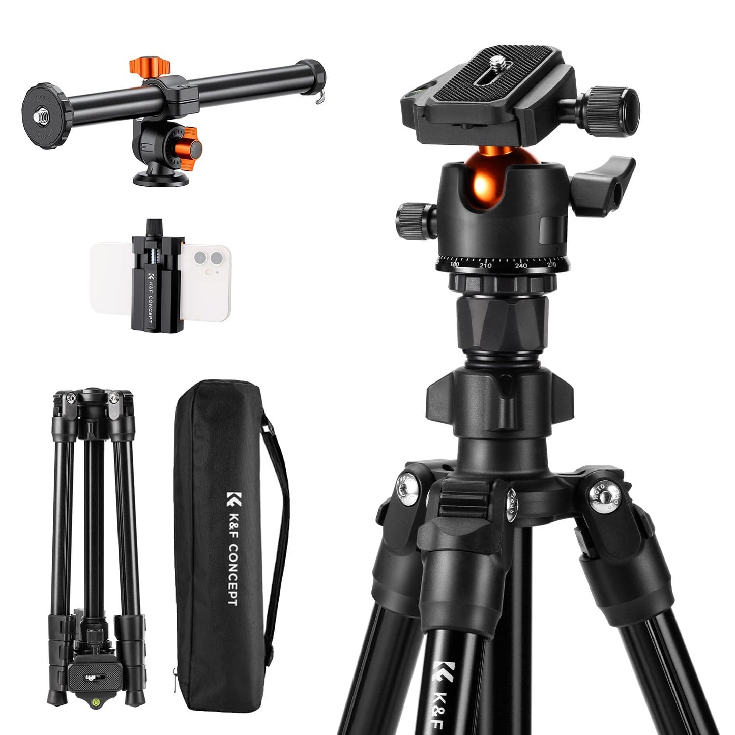 K&F CONCEPT 76 inch Camera Tripod with Rotatable Multi-Angle Center Column,Lightweight Travel Outdoor DSLR Tripods with 360 Degree Ball Head Load Capacity 8kg/17.6lbs, Cellphone Clips for Smartphone