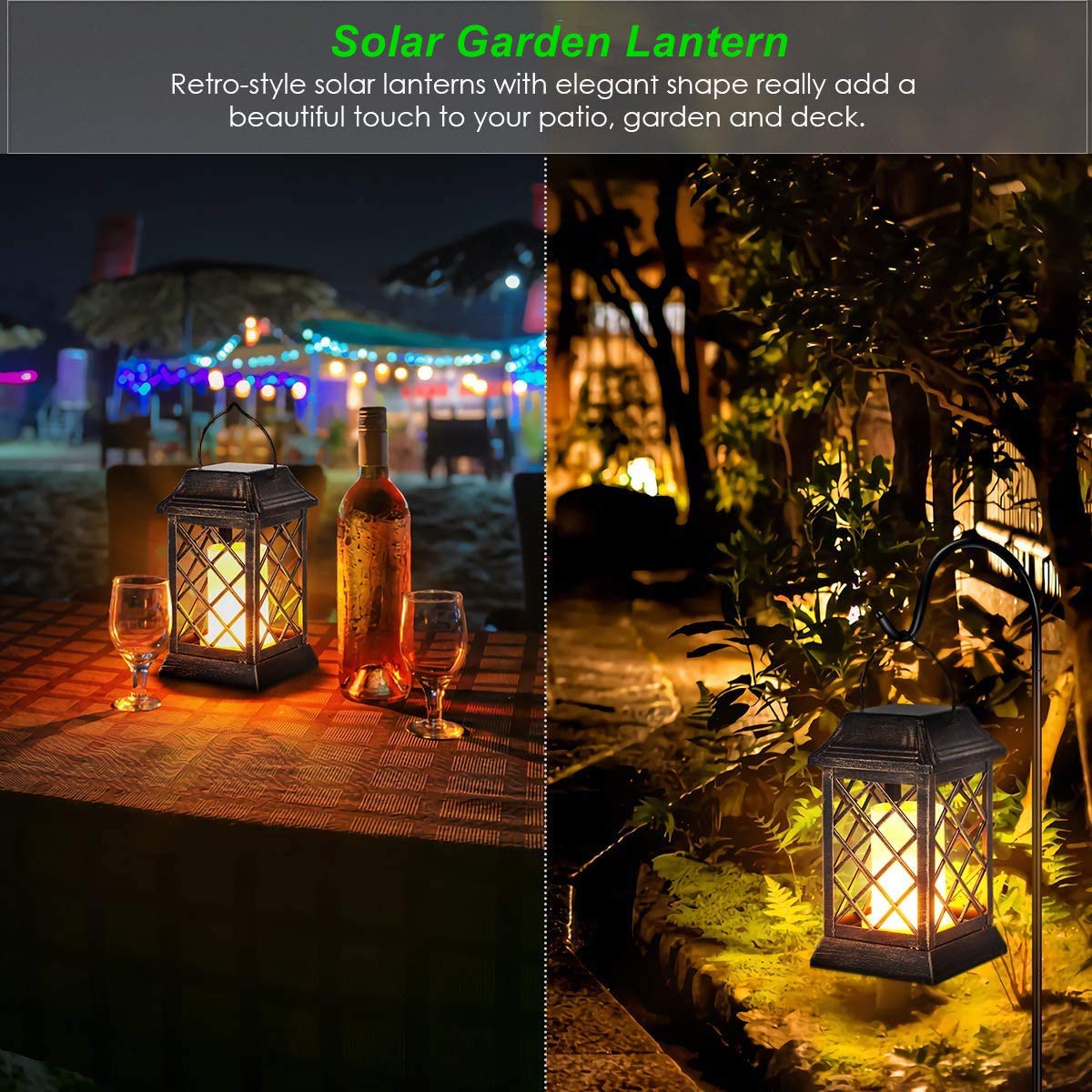 iRonrain Solar Lantern Lights Dancing Flame Waterproof Outdoor Hanging Lantern Solar Powered Umbrella LED Night Lights Dusk to Dawn Auto On/Off Landscape Decorative for Garden Patio Deck Yard Path 2 Pack (2Pcs Lantern)