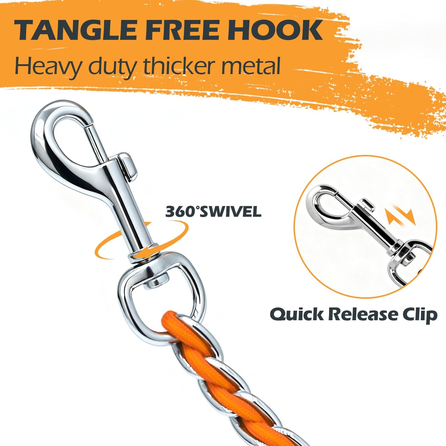 Chew Proof Metal Leash Chain Dog Leash for Medium Large Dogs, Chain Link Dog Leash Anti Chew 5FT Strong Anti Bite Dog Leash Comfortable Soft Padded Handle Orange