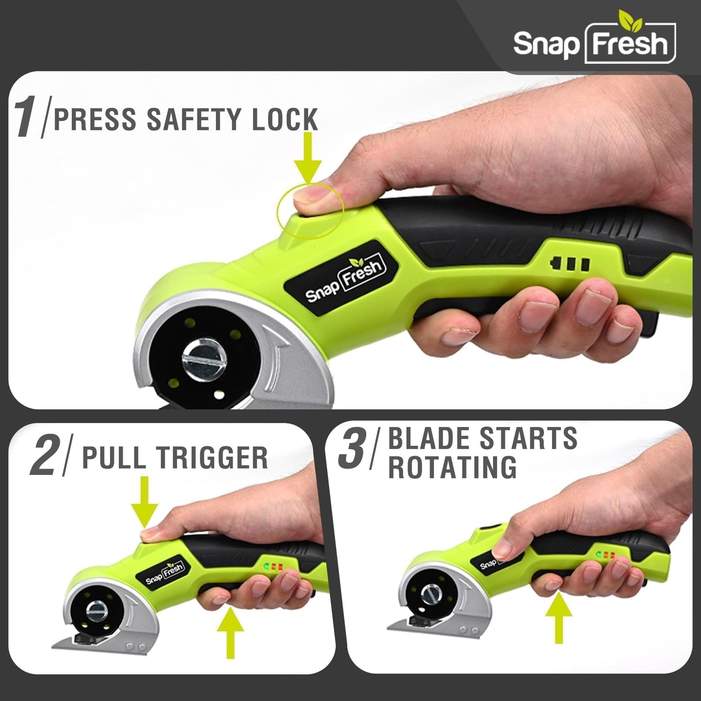 SnapFresh 4V Cordless Electric Scissors-Rechargeable Rotary Box Cutter w/ 2.0Ah Battery, 2 Self-Sharpening Blades, 285RPM,LED & Safety Lock,Carpet Cutter Tool for Cardboard, Fabric, Leather, Plastic