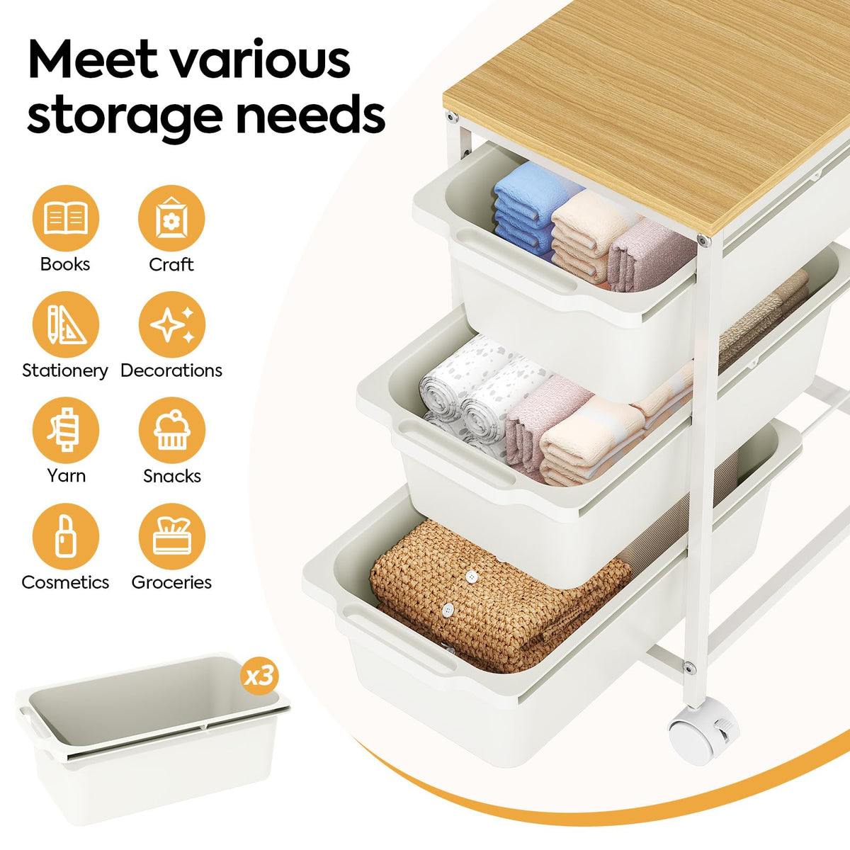 Rolling Storage Cart with 3 Drawers, Craft Organizer, Wooden Tabletop Utility Cart for Bedroom, Children's Room and Office Organization, Under Desk Trolley with Lockable Wheels, White