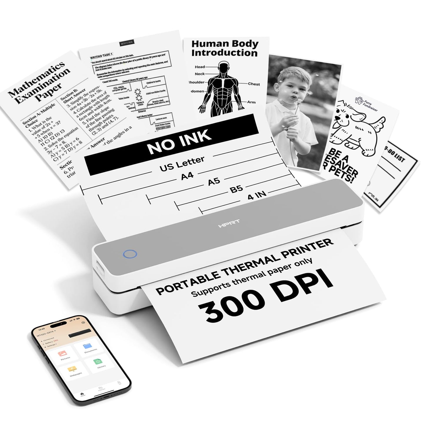 HPRT Inkless Portable Printer Wireless for Travel,Thermal Printer Supports 8.5" x 11" US Letter&A4&A5,Compatible with iOS,Android, Laptop, MT610 Pro,300 DPI,White