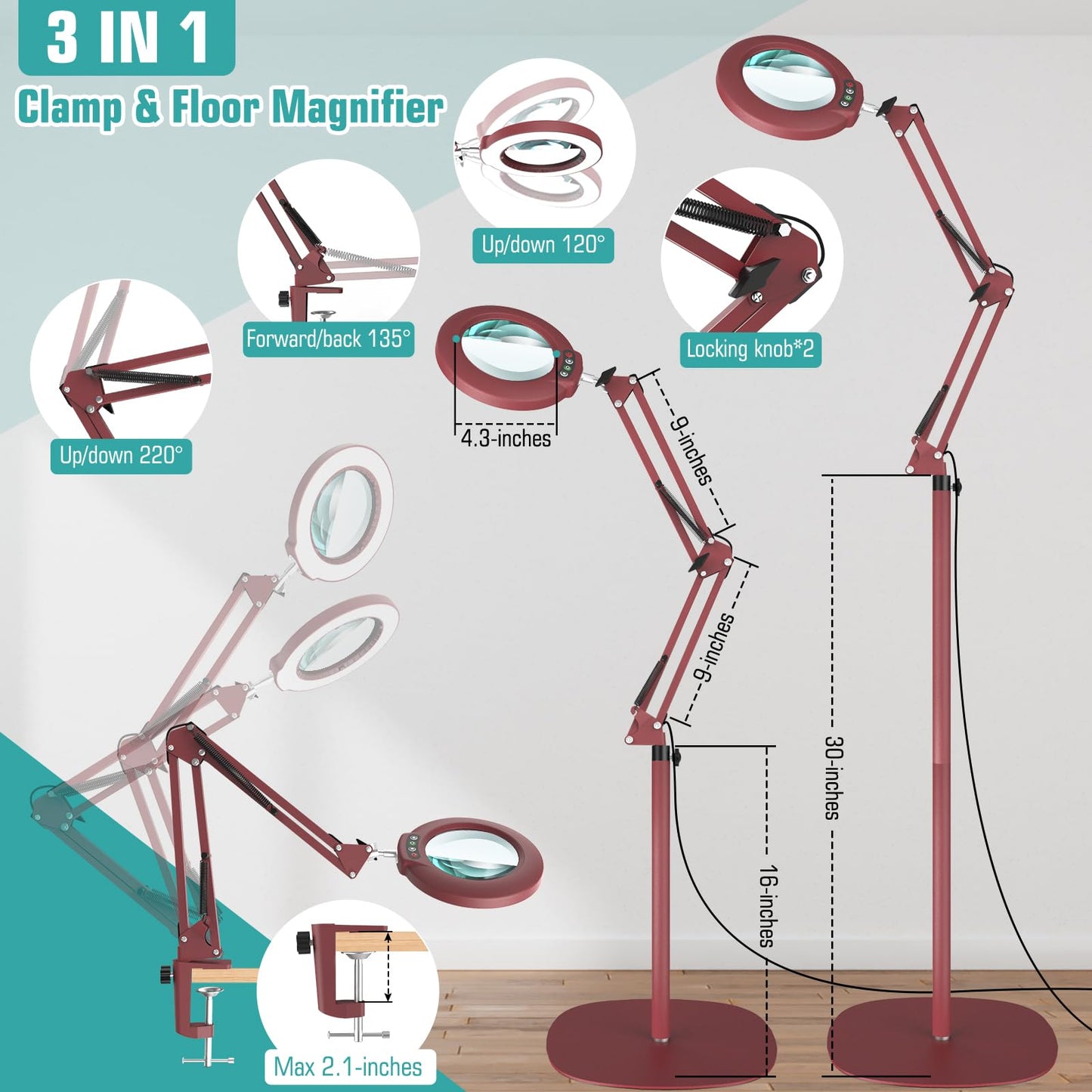 10X Magnifying Glass with Light and Stand, 3-in-1 Adjustable Swivel Arm LED Magnifying Floor Lamp, 5 Color Modes Brightness Stepless Dimming Lighted Magnifier Hands Free with Clamp for Crafts - Red