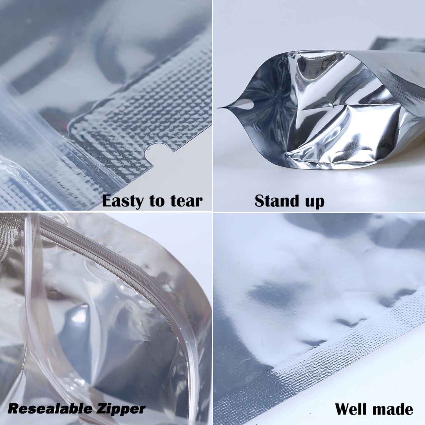 100-Pack Large Reclosable Mylar Bags for Food Storage 7" x 10" Stand Up Bags in Bulk 1 Quart Large Resealable Smell Proof Aluminum Foil Bags with Clear Window Kitchen Storage Edible Packaging