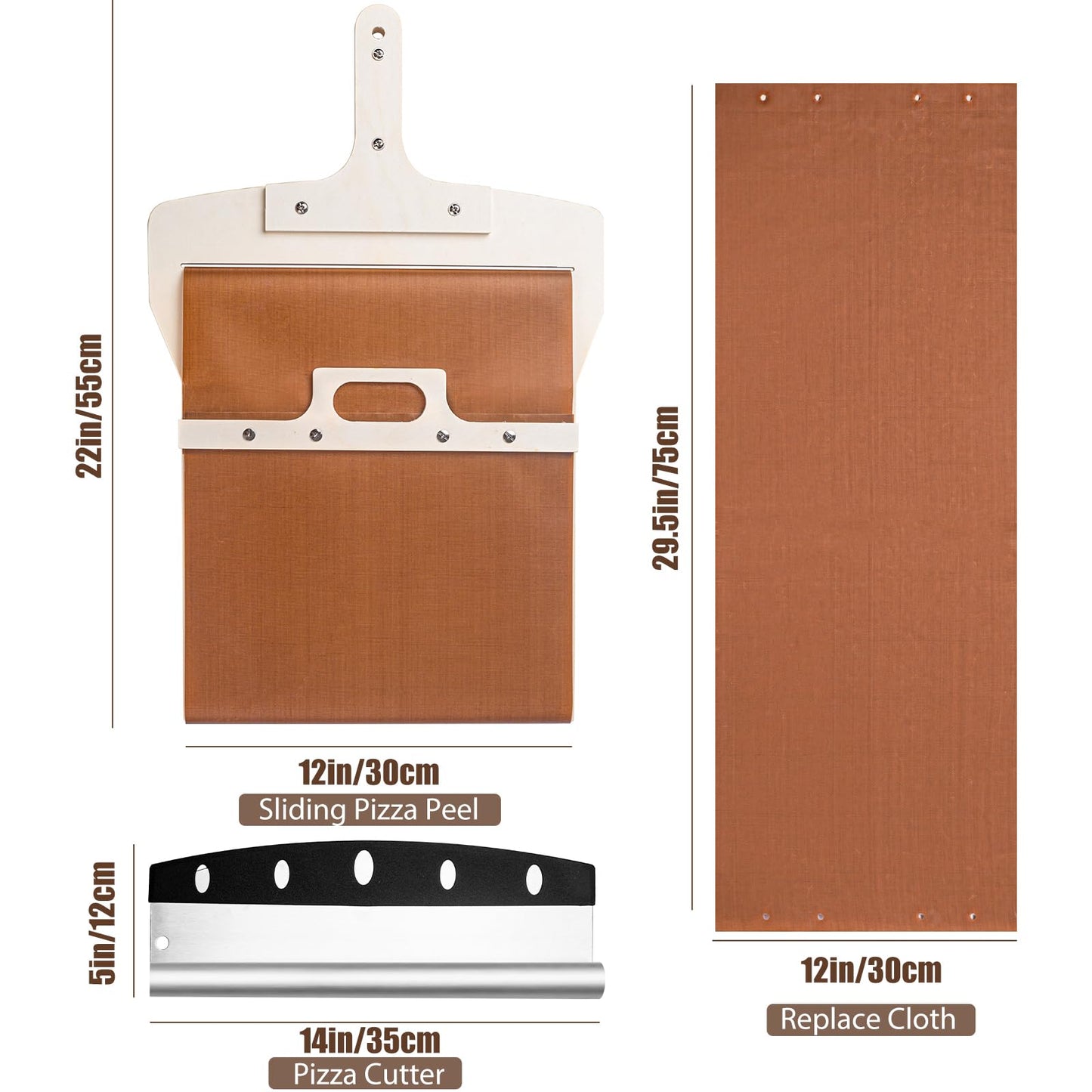 Leozzo Sliding Pizza Peel, Pizza Slider Paddle with Pizza Cutter Rocker, Non-Stick Pizza Peel Slider with Handle Detachable Transfers Pizza Pie, 12” Wood Sliding Pizza Peel with Replacement Cloth