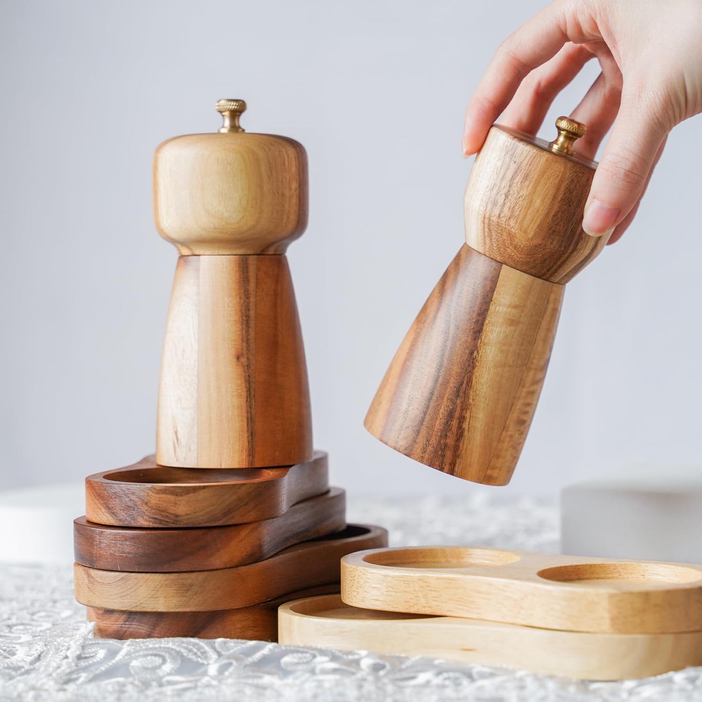 DeroTeno Salt and Pepper Mill Set with Tray, Adjustable Ceramic Grinder Salt Mill, Stainless Steel Grinder Pepper Mill, Acacia Wood, 14 cm/ 5 Inch Height, Bottom Dia 6 cm /2.36 inch