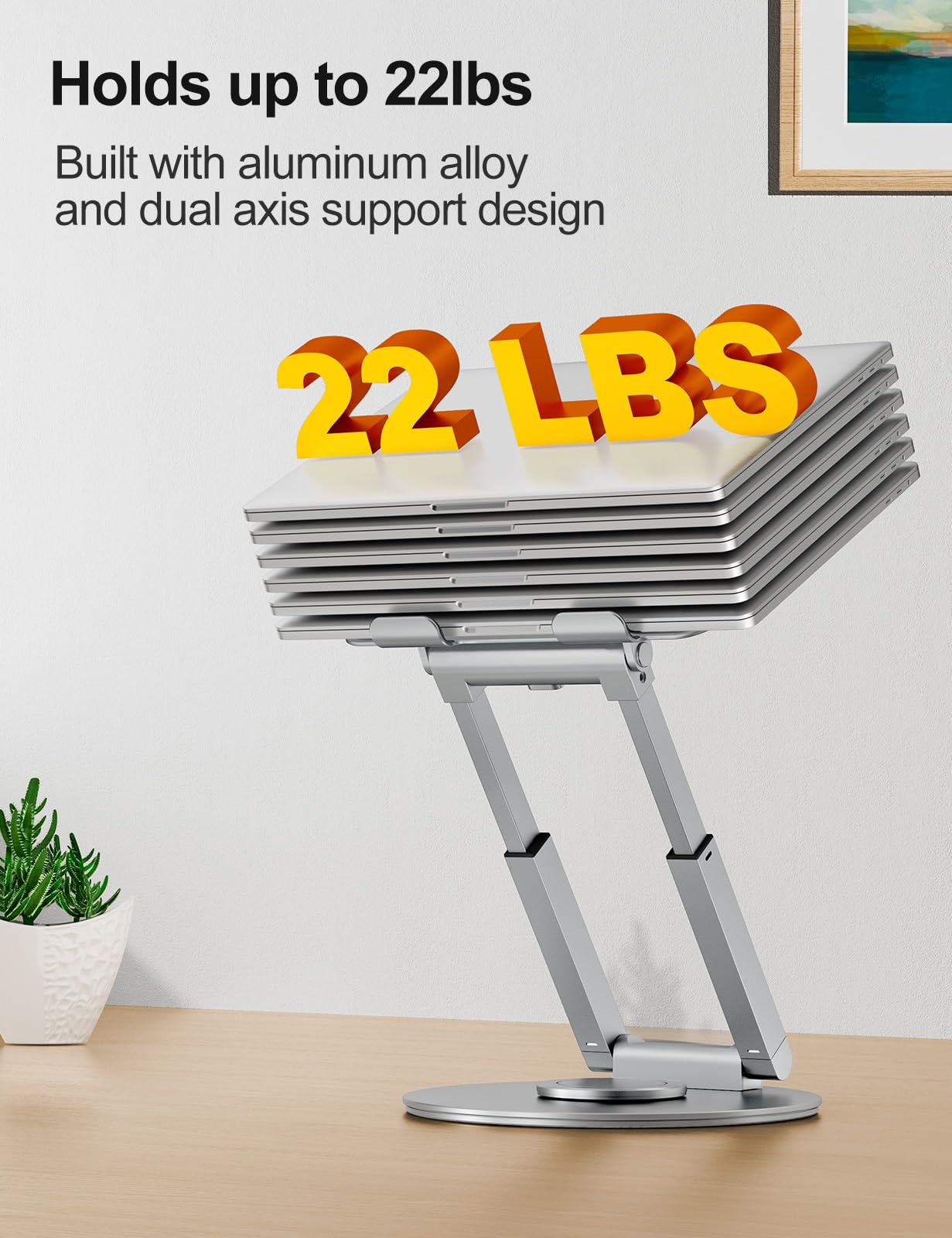 Tounee Telescopic Laptop Stand for Desk with 360° Swivel Base, Sit to Stand, Height Adjustable, Portable Riser Holder for Good Posture, Compatible with MacBook Pro, All Laptops 10-17"-Silver