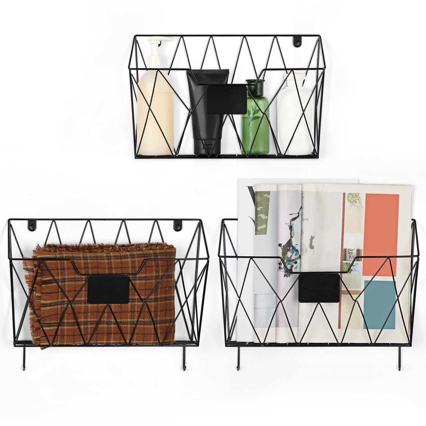 ETELI Hanging Wall File Organizer Holder Rack 3 Pockets Hanging Wall File Holder Wall Mount Mail Organizer Magazine Rack with Metal Hooks for Paper Files Office Home, Black