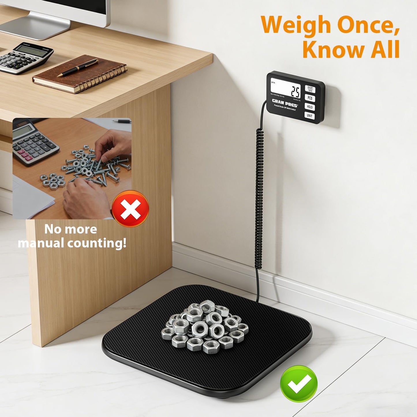 GRAM PRES Shipping Scale 440 lbs/10g Highly Accurate Digital Postal Scale with Hold/Tare/Pcs LCD Display for Packages/Luggage/Post Office/Dog Battery & USB Cable Included