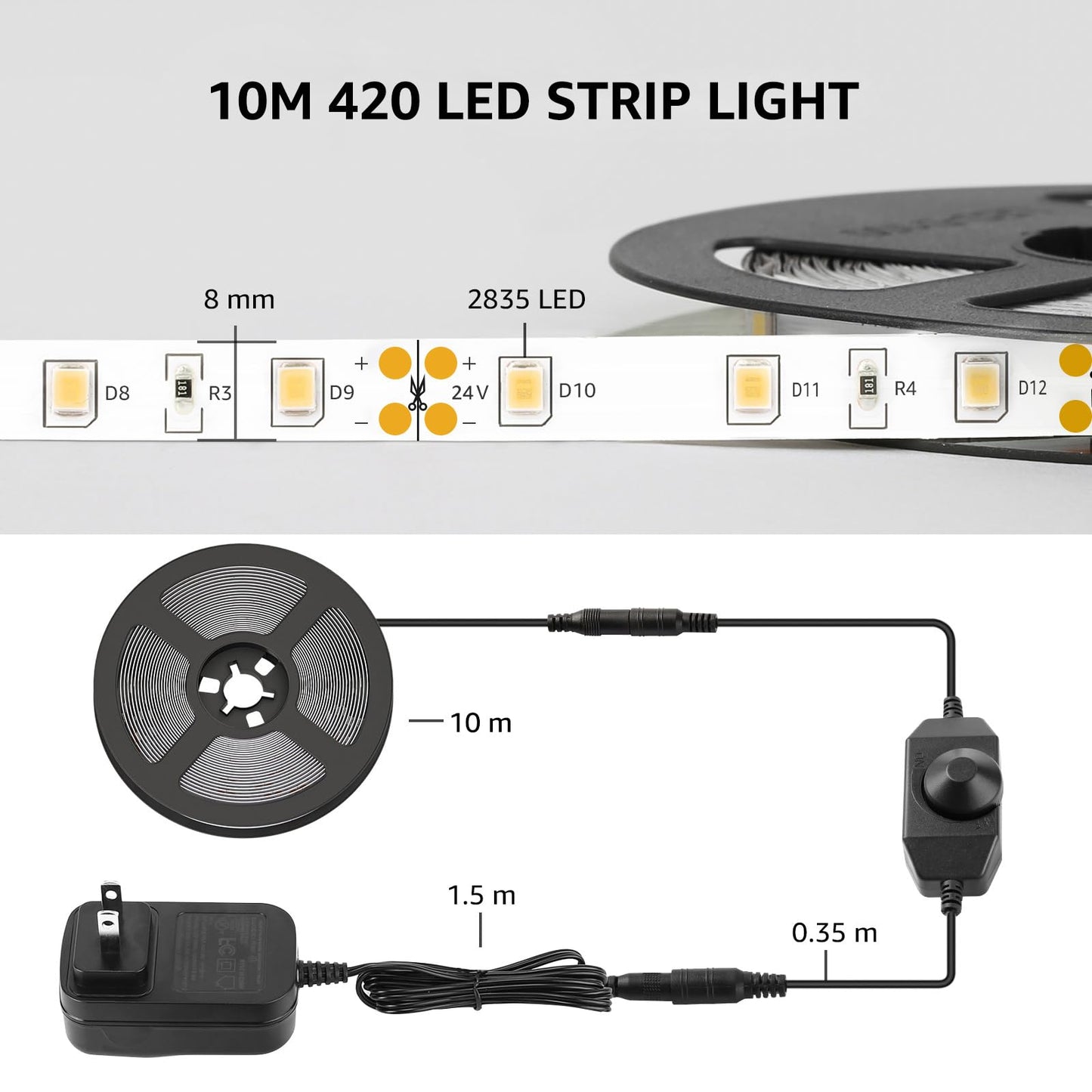 Lepro led Light Strips, 32.8ft LED Lights, Dimmable Under Cabinet Lighting, Super Bright LED Tape Lights, 420 LEDs SMD 2835, Suitable for Home, Kitchen, Under Cabinet, Bedroom, Daylight White (6000K)