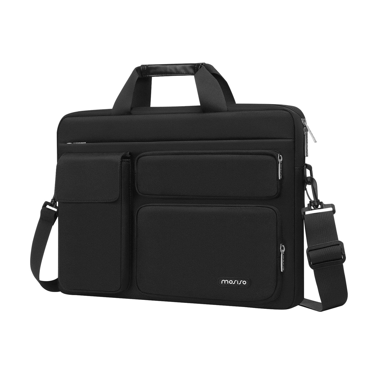 MOSISO Laptop Bag 16 inch, 15-15.6 inch Computer Shoulder Bag Compatible with MacBook Air 15 M4 M3 M2/Pro 16 M4 M3 M2 M1, Notebook &2 Raised&1 Flapover&1 Horizontal Pocket&Handle&Belt, Black