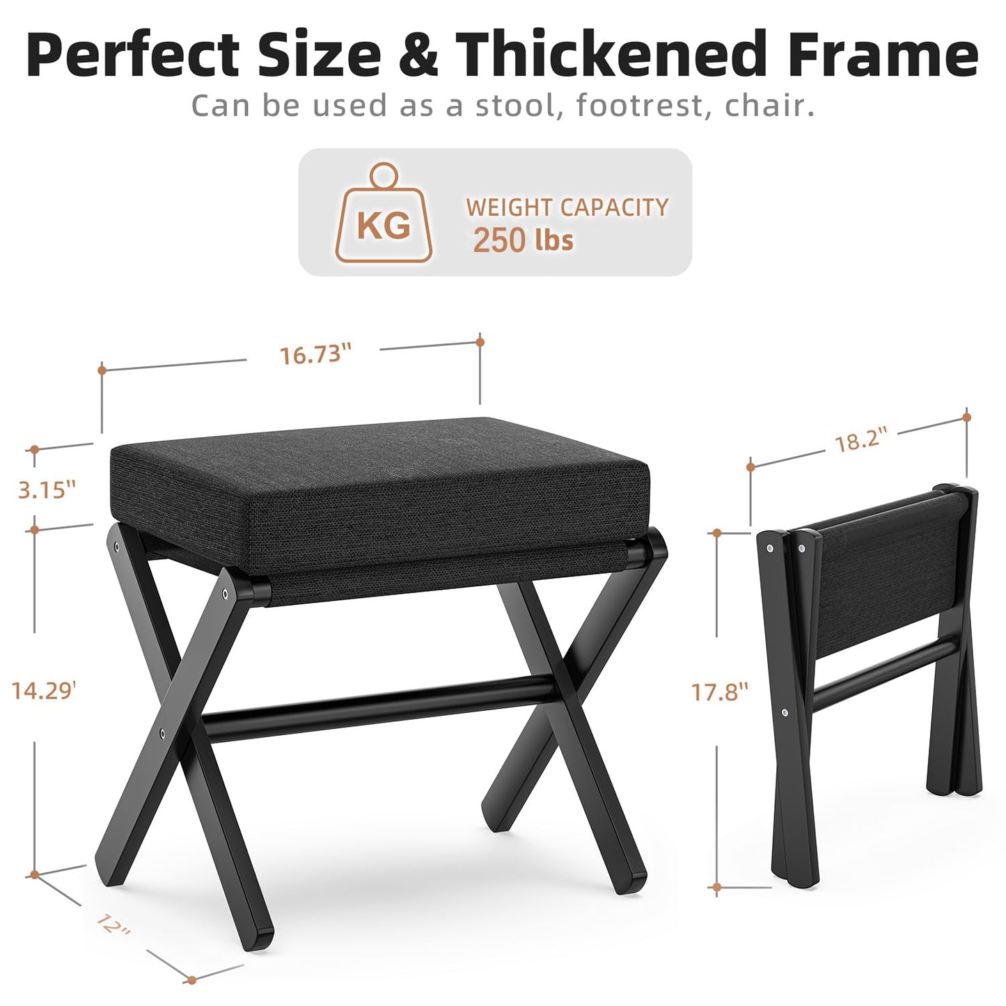 BAMBOOHOMIE Foldable Foot Stool Ottoman, Modern Foot Rest with Bamboo X Legs & Thick Foam Cushion, Folding Foot Stools Small Padded for Bedroom Living Room, Makeup Vanity Stool Chair (Black - Black)