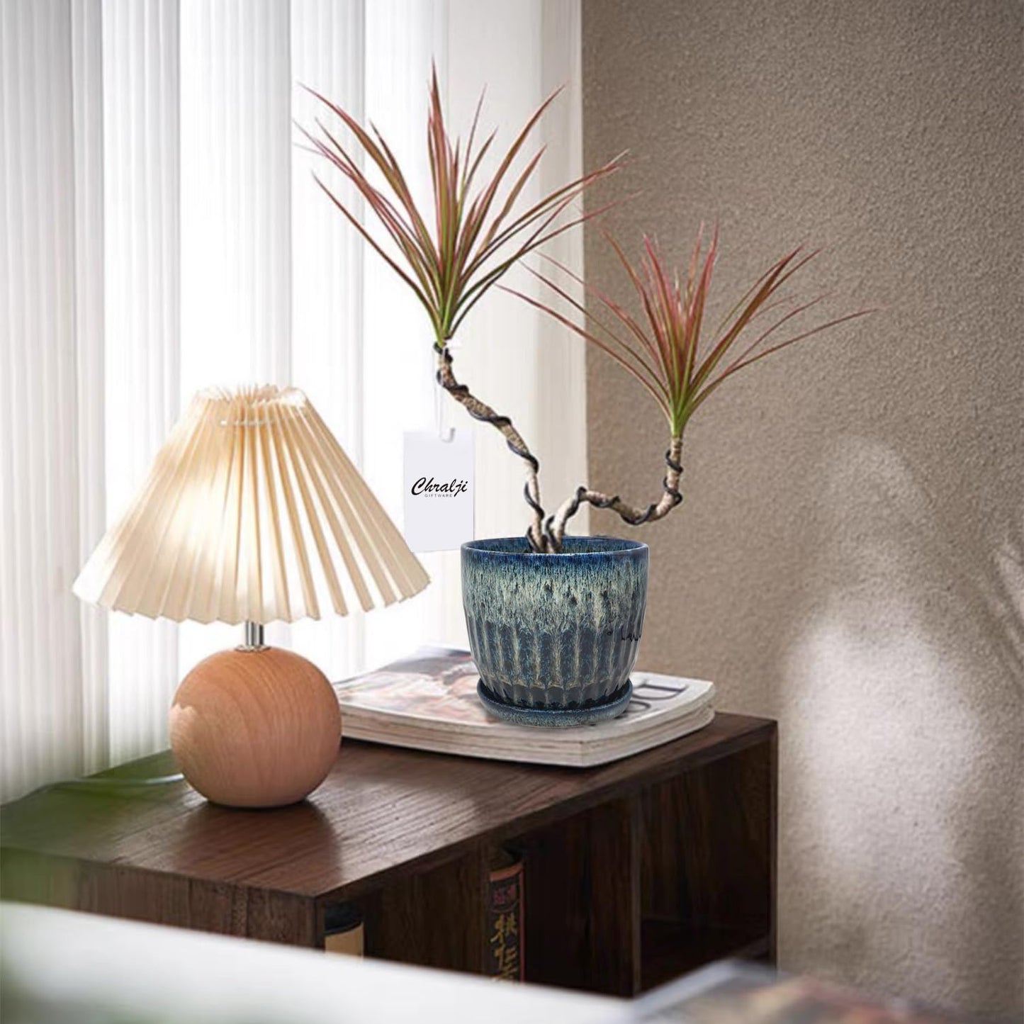 Chralji GIFTWARE Ceramic Pots for Plants, 6in Ceramic Planters for Indoor Plants, Flower Pots with Drainage and Saucer, Reactive Glaze Blue