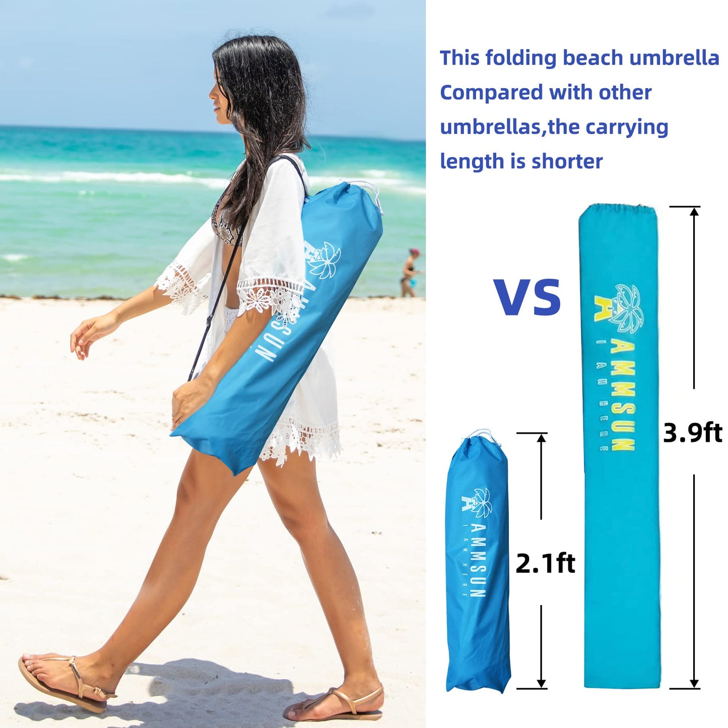 AMMSUN 6ft Folded Travel Beach Umbrella fit in Suitcase with Sand Anchor Tilt Silver Coating Inside UPF 50+UV Protection Portable Compact Foldable beach umbrella for Travel,Sun and Outdoor Sky Blue