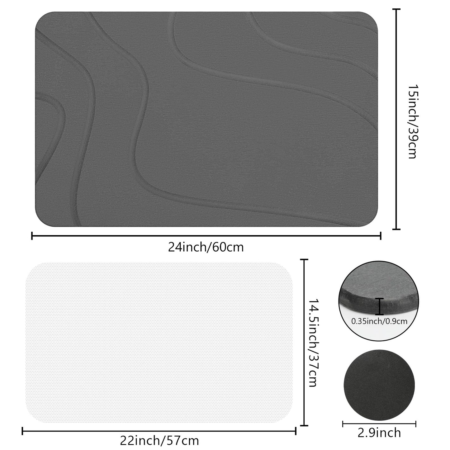 Ceecysaa Stone Bath Mat, Non-Slip Diatomaceous Earth Shower Mat, Quick Drying Bath Mat Stone, Super Absorbent Diatomite Bath Mats for Bathroom Kitchen, Easy to Clean, 60 x 39cm, Dark Gray