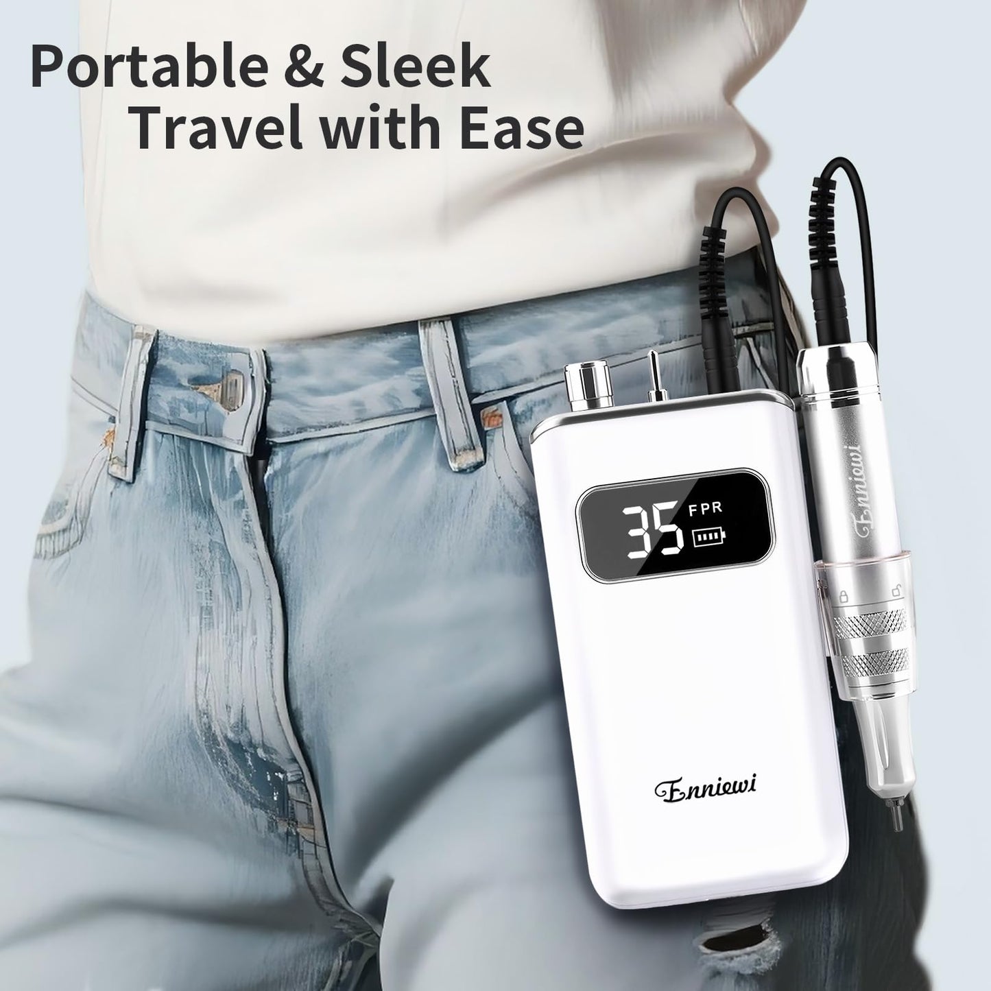 Enniewi 35000RPM Professional Nail Drill with Rechargeable Base Electric Nail Drill Machine with 7 Bits for Removing, Polishing and Shaping Gel / Acrylic Nails for Salon and Home Silver White