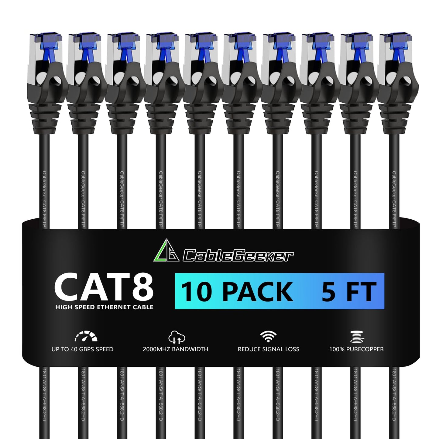 CableGeeker Patch Cables Cat 8 5ft 10 Pack Slim, Cat8 Ethernet Patch Cable 40G 2000MHz Support, Snagless RJ45 Cat 8 Patch Cable for Patch Panel to Switch, Flexible Network Cable - 5 Feet Black