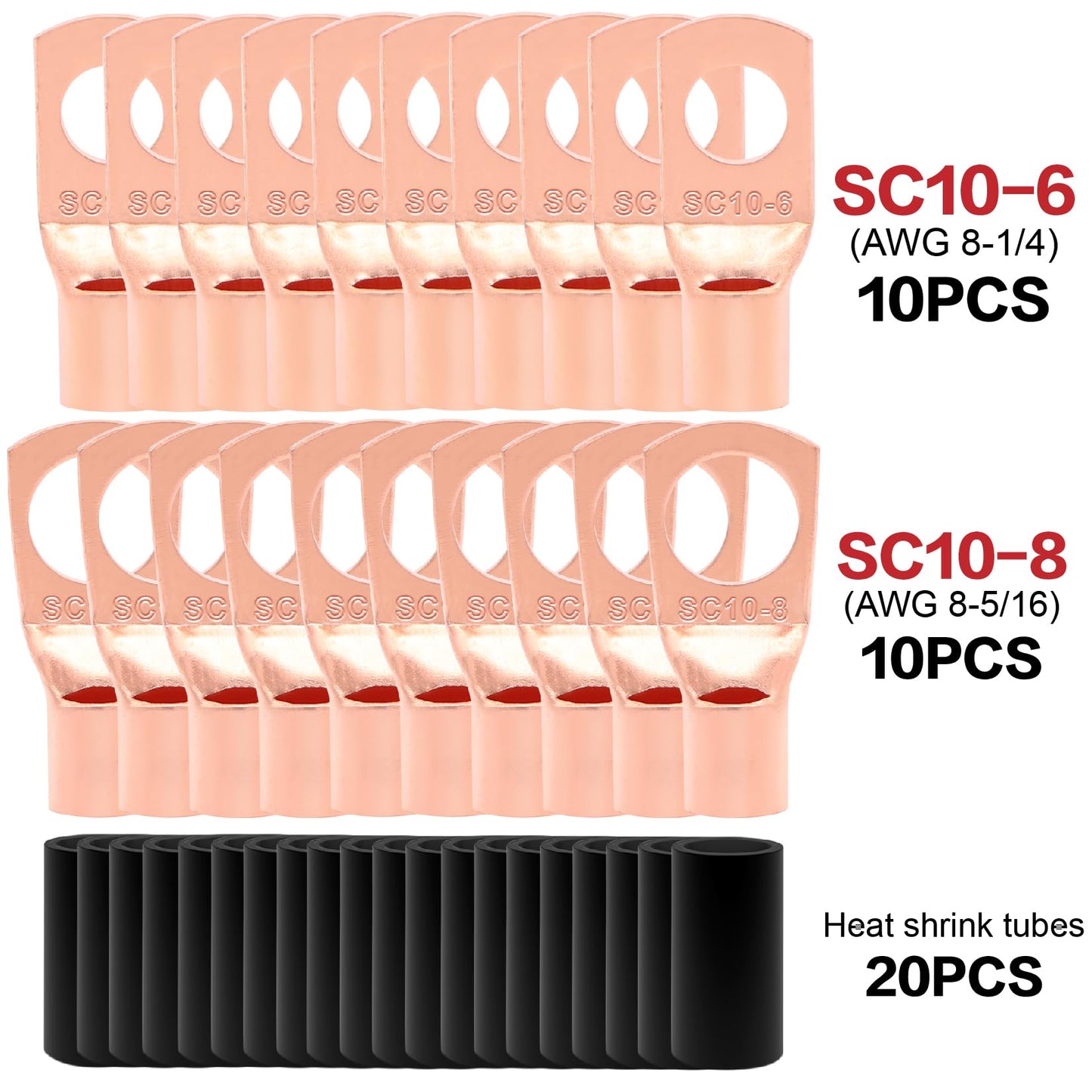 8 Gauge Wire (25ft Each - Red/Black) Copper Clad Aluminum CCA - Primary Automotive Wire,Car Amplifier Power & Ground Cable, 20PCS Lugs Terminal Connectors,20PCS 2:1 Heat Shrink Tubing