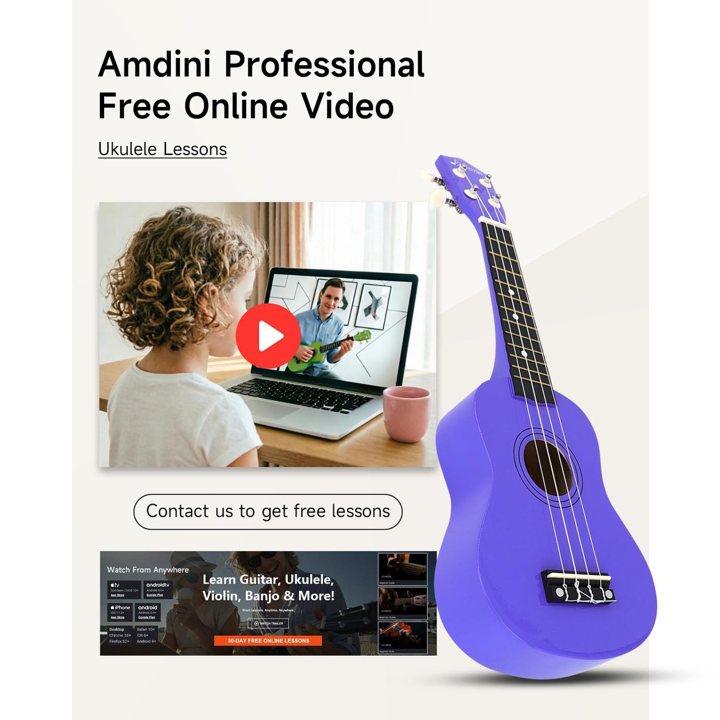 Ukulele for Beginners Hawaiian Wood Soprano Ukelele Starter Kit for Kids Adult Student Ukalelee Uke Bundle Pack with Free Lessons Gig Bag Tuner Strap Picks Nylon Strings (Deep Purple, 21 Inch)