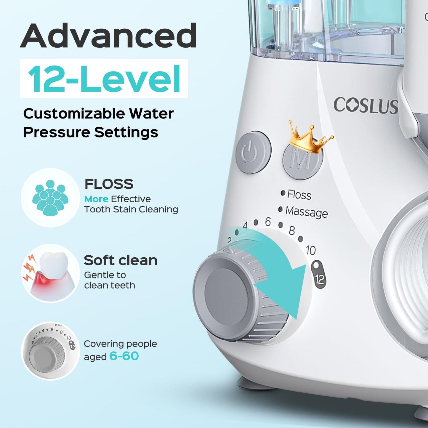COSLUS Water Tooth Flossers for Teeth: 12 Pressure Settings Electric Water Teeth Flossing for Kids, Adults and Seniors- Home Use, 5 Jet Tips for Multiple Users, Family, White, E2