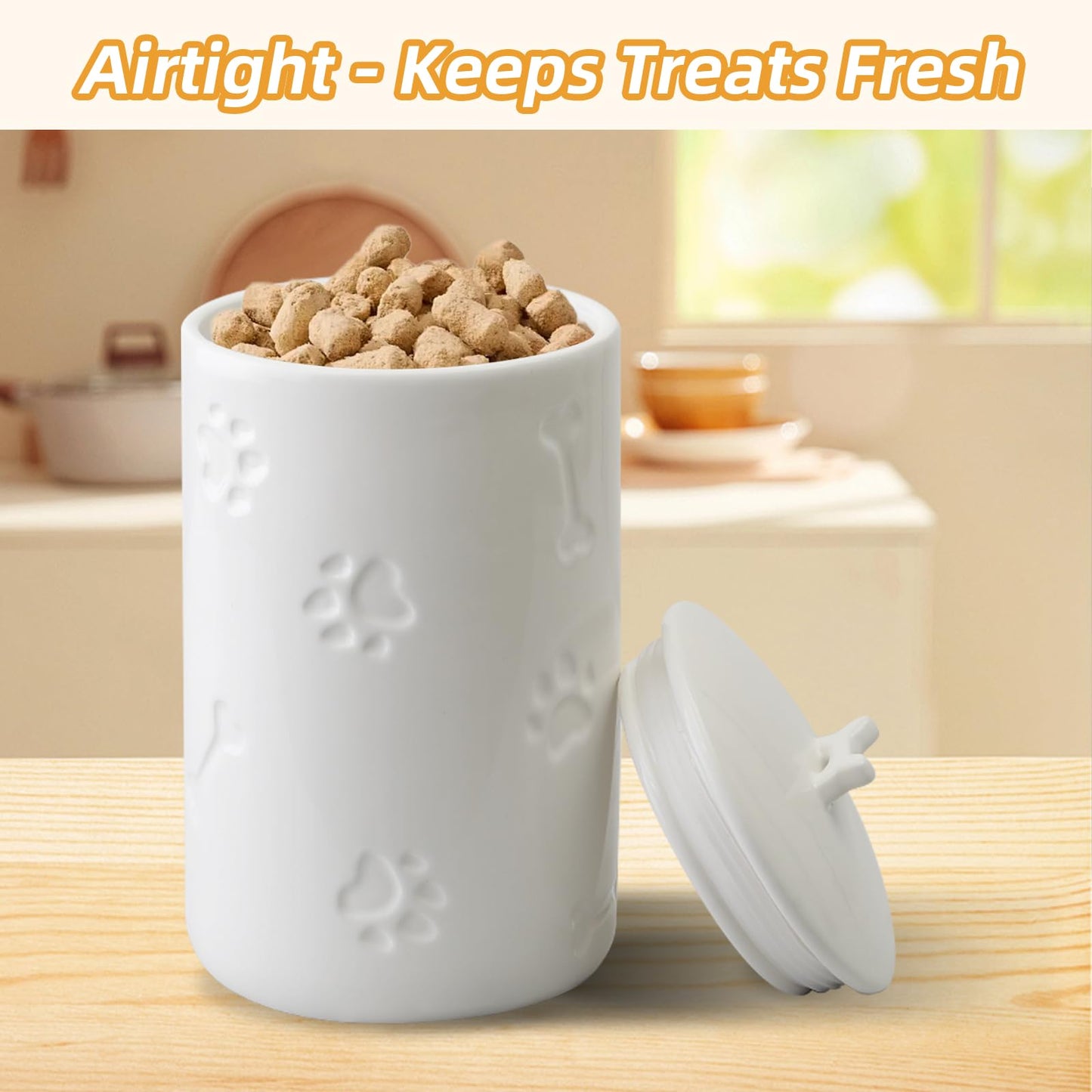 NIXBYO Ceramics Dog Food Storage Container, 5" Round x 9" Tall Cat Dog Pet Treat Jar, with Rubber Sealing Ring Cup Lid and Bone Handle,White for Small, Medium and Large Dogs Cookie Jar