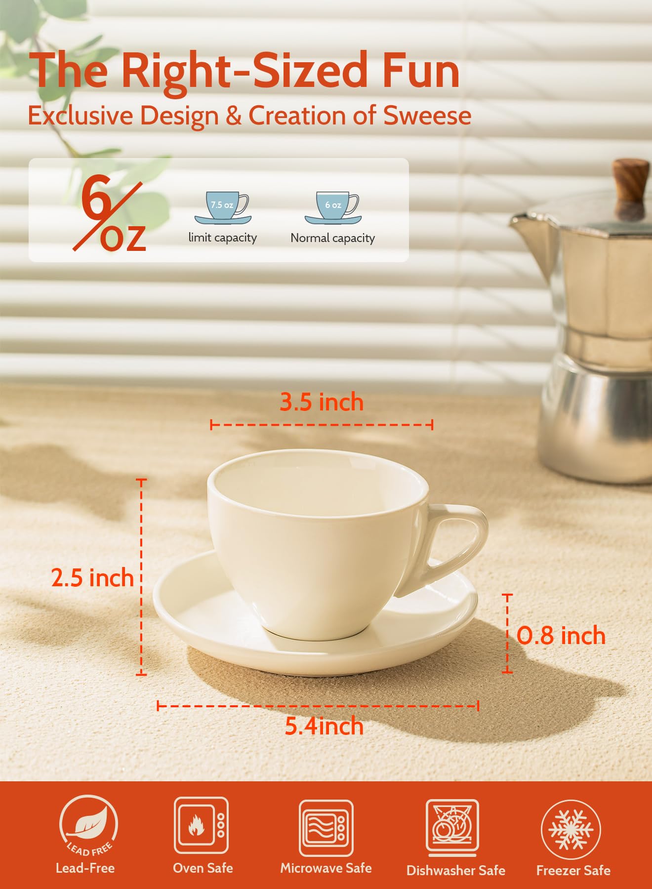 Sweese 4306 Porcelain Cappuccino Cups with Saucers - 6 Ounce for Specialty Coffee Drinks, Latte, Cafe Mocha and Tea - Set of 6, White