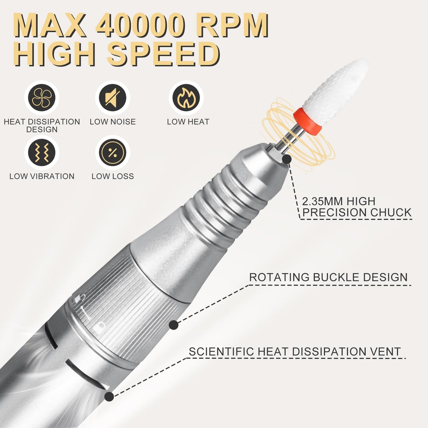 Professional Nail Drill, Urbuti 40000RPM Rechargeable Electric Nail Drill Machine with Base & 12 Drill Bit for Remove Gel Nail Polish Acrylic Nails Manicure for Salon Home(Gray)