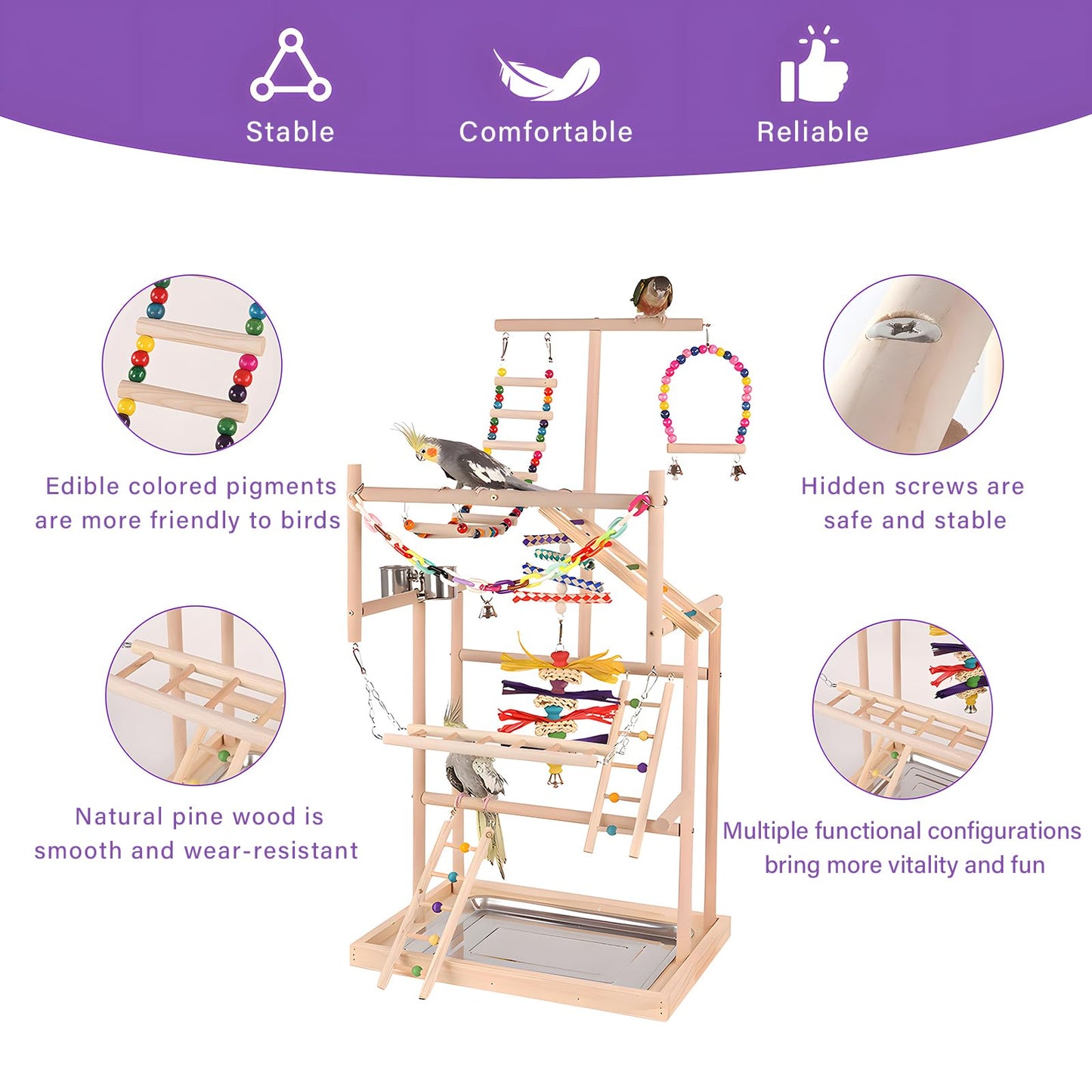 OCKYOOZ Bird Playground Pet Bird Parrot Playground Birds Stand 4 Layers Pet Parrot Playstand with Exercise Toys Swings Feeder Cups Birds Play Stand Wood Perch Gym Playpen Ladder for Cockatiel Parakeet