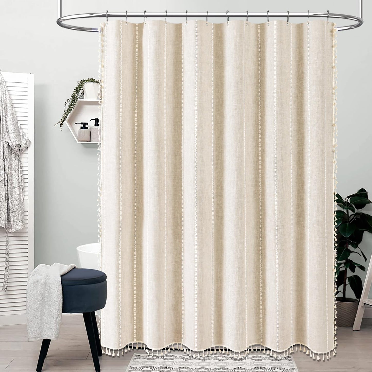 BTTN Boho Farmhouse Shower Curtain, Linen Rustic Bohemian Striped Cloth Shower Curtain Set with Tassel, Water Repellent, Modern Vintage Country Fabric Shower Curtains for Bathroom, Cream/Beige, 72x72